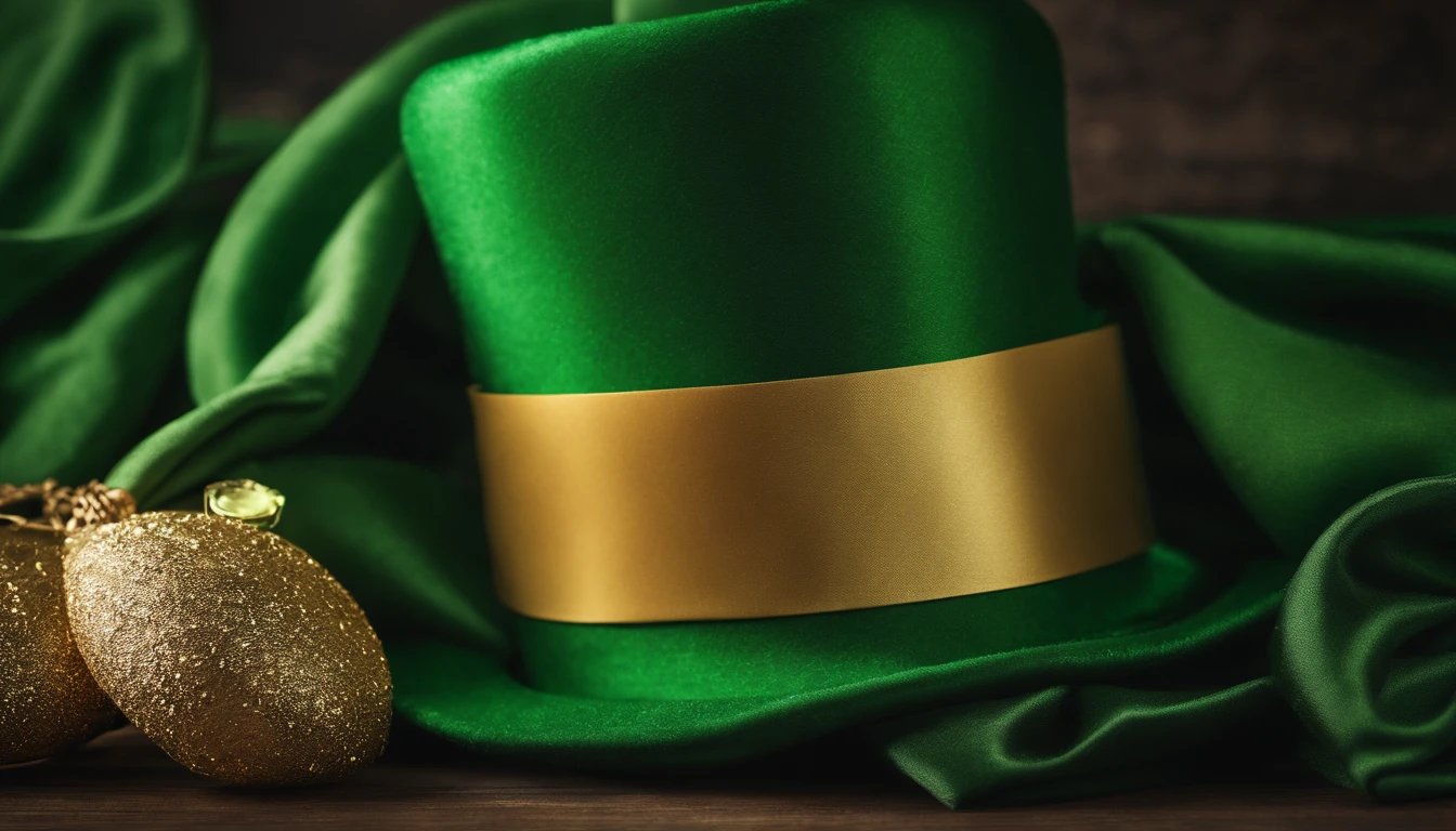 A detailed and realistic image capturing a blank St. Patrick’s Day banner mockup, with a green fabric background, empty space for text or graphics, and decorative elements such as leprechaun hats or shamrocks, ready to be customized for specific celebrations.
