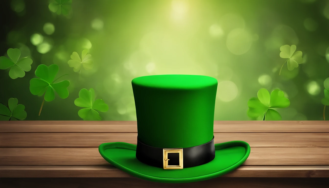 A detailed and realistic image capturing a blank St. Patrick’s Day banner mockup, with a green fabric background, empty space for text or graphics, and decorative elements such as leprechaun hats or shamrocks, ready to be customized for specific celebrations.