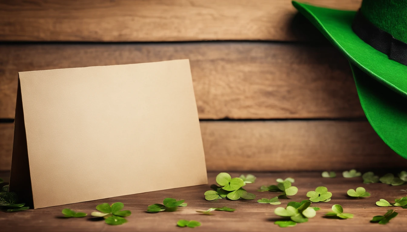 A detailed and realistic image capturing a blank St. Patrick’s Day banner mockup, with a green fabric background, empty space for text or graphics, and decorative elements such as leprechaun hats or shamrocks, ready to be customized for specific celebrations.