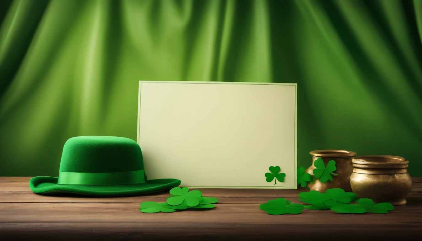 A detailed and realistic image capturing a blank St. Patrick’s Day banner mockup, with a green fabric background, empty space for text or graphics, and decorative elements such as leprechaun hats or shamrocks, ready to be customized for specific celebrations.