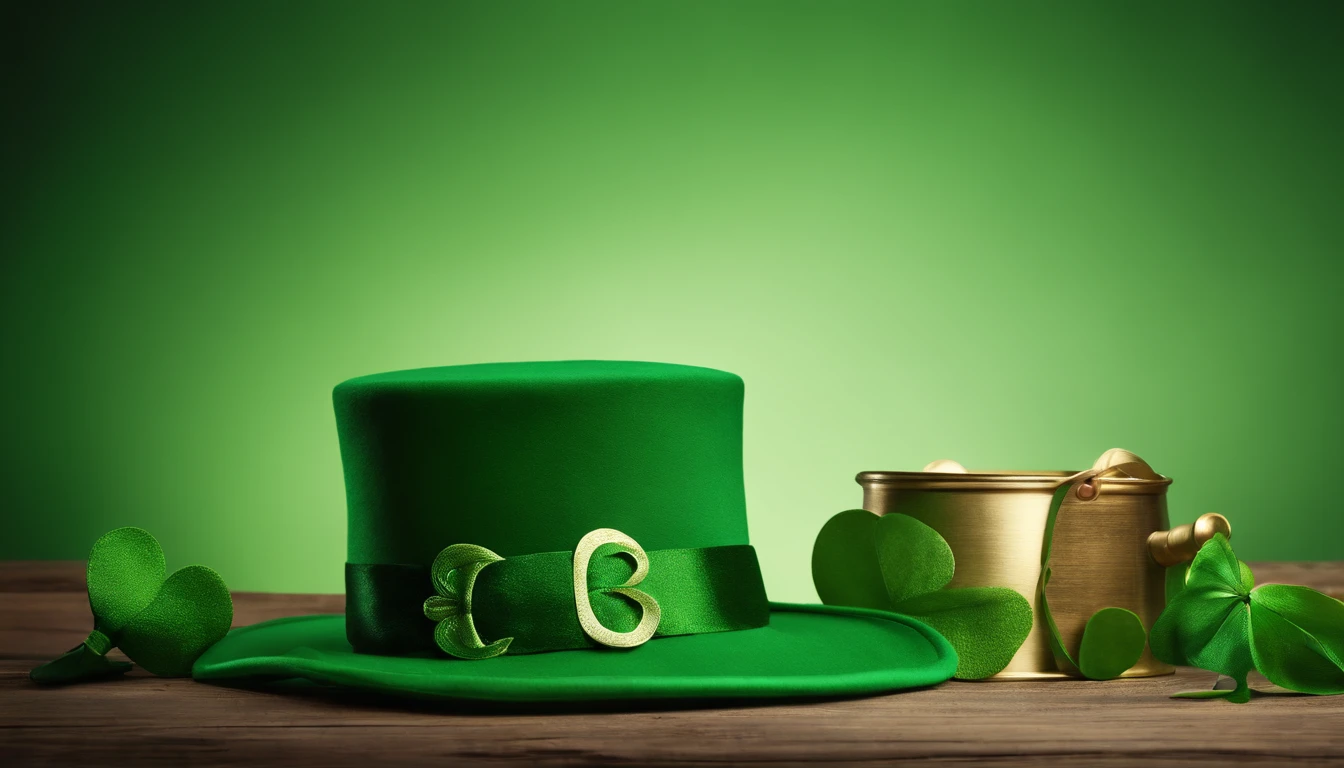 A detailed and realistic image capturing a blank St. Patrick’s Day banner mockup, with a green fabric background, empty space for text or graphics, and decorative elements such as leprechaun hats or shamrocks, ready to be customized for specific celebrations.