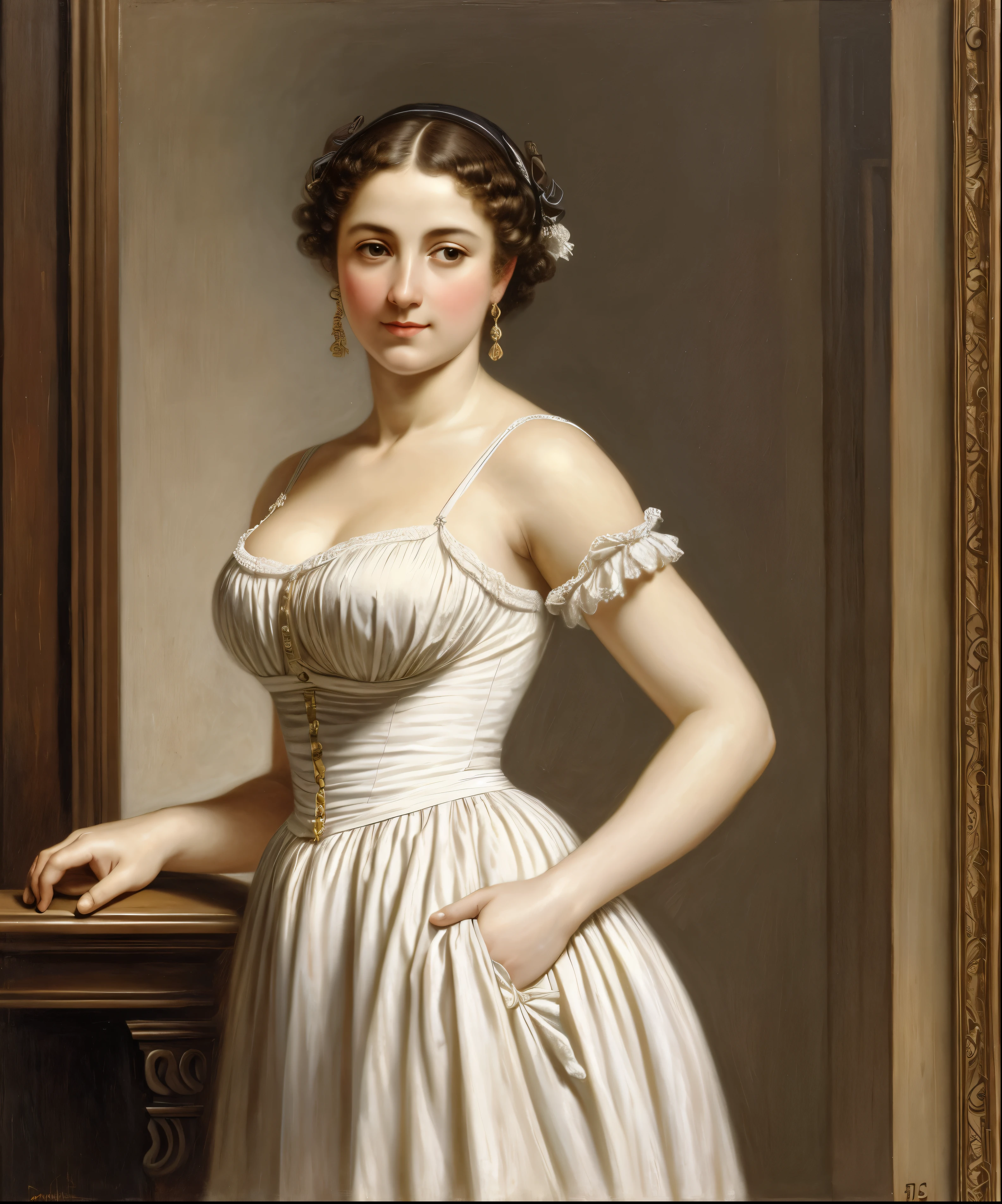 In Peter Paul Rubens style, in William-Adolphe Bouguereau style,  Intricate oil painting, acrylic on canvas, of an Extremely gorgeous woman, 45 years old Woman, Shift or chemise is the most basic historical element of women's medieval underwear.
This tight linen sleeveless chemise features a corsage tightly fitting to body, wide shoulder straps and with nestel cord on the side. The length of this shift ends slightly above the ankle, deitada no gramado de um jardim com floreelhor qualidade, 8k, 32k, obra-prima, UHD: 1.5), Photo of Attractive mediaeval German maid Woman, wearing lengberg castle bra, pure cotton dress , 19th century maid undergarments , Victorian era dress, soft eroticism, alluring thick healthy figure, big tight breast, royal maid, in , 1 , (peitos gigantescos: 1.2), (cabelo longo), louro, sem roupas, Abs, corpo perfeito, rosto ultra detalhado, Detailed lips, Olhos Finos, Double eyelidm, (sedutor), ((Excitado: 1.5)), Medieval aesthetics, sharp focus, detalhes intrincados, altamente detalhado, profundidade de campo, sharp focus, High detail, impressionismo, Detailed oil painting, glazing, tenebrismo, Scumbling, oil painting, Estilo barroco, por Rembrandt, Por Artemisia Gentileschi