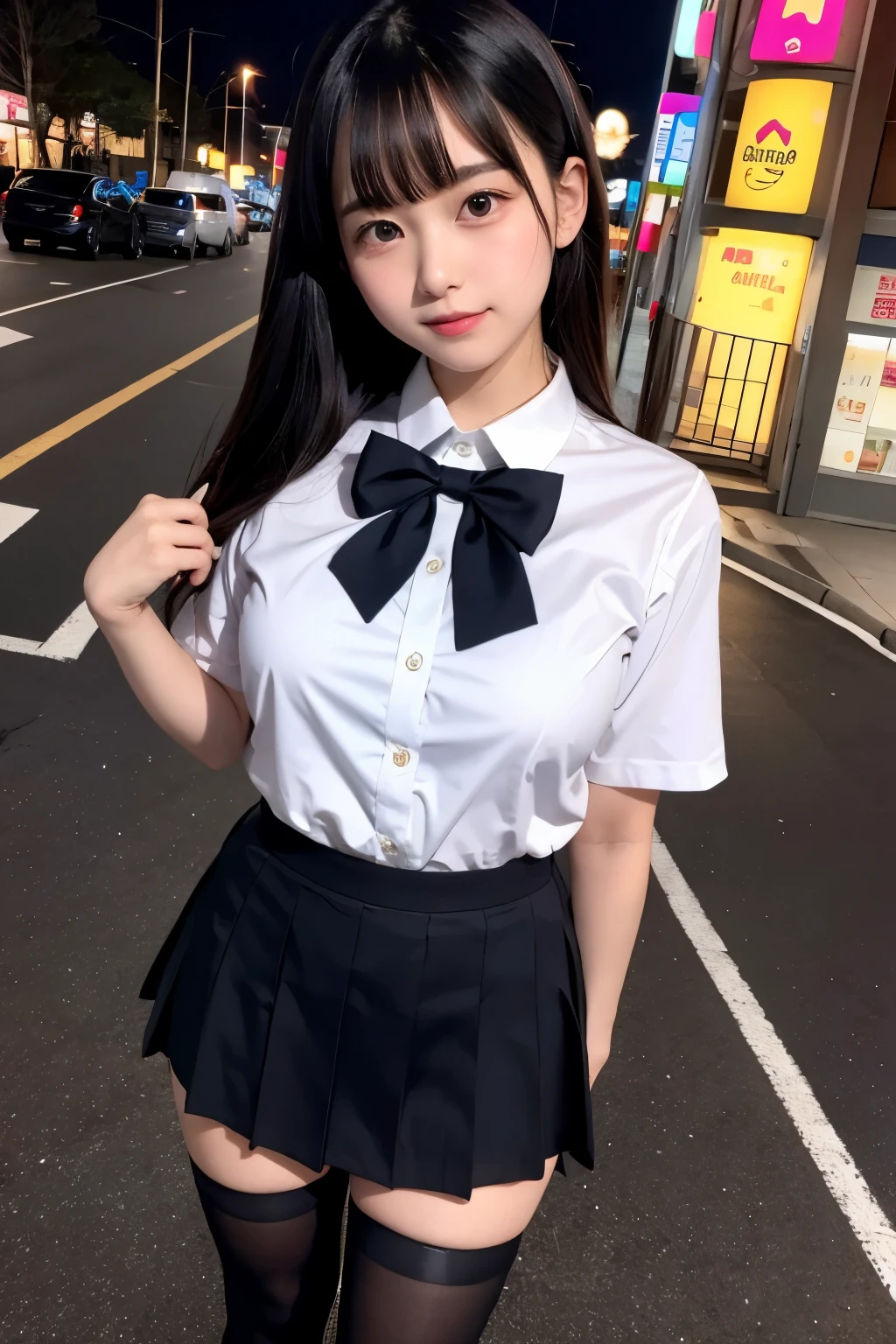 high angle shot、big breasts、Shoes are visible、super treet snap、tall, A baby-faced gal woman wearing a short skirt and bow tie is standing in a neon street at night、high school student、Thin calf、japanese girl、Winter clothes、Wearing Japanese school uniform、Japanese school black uniform、Wearing a surreal high school uniform、girl in uniform、Wearing a dark blue uniform、Full body Esbian、nice skin、glowing skin、nice thighs、(micro hining thighs、Plump thighs、She wears black tights that show her skin、leather shoes、Japanese high school 、Nogizaka Idol、inviting eyes