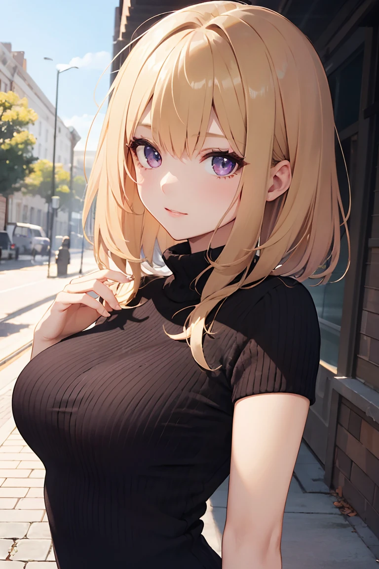 masterpiece, absurdres, best quality, ultra detailed, high Resolution, detailed illustration, extremely beautiful detailed face and eyes, Delicate beautiful face, bright colour, Pastel, 1girl, cute face, magenta eyes, sparkling eyes, big eyes, medium breasts, (perky breasts:1.1), (pointy breasts:1.1), medium hips, glamorous body, white skin, happy, BREAK, long bob cut, (blonde hair:0.8), messy hair, detailed hair, shiny hair, BREAK Maxi sweater, Paislash, tiny ribbon, park, real world, natural lights, perfect lighting, outdoor, from under,