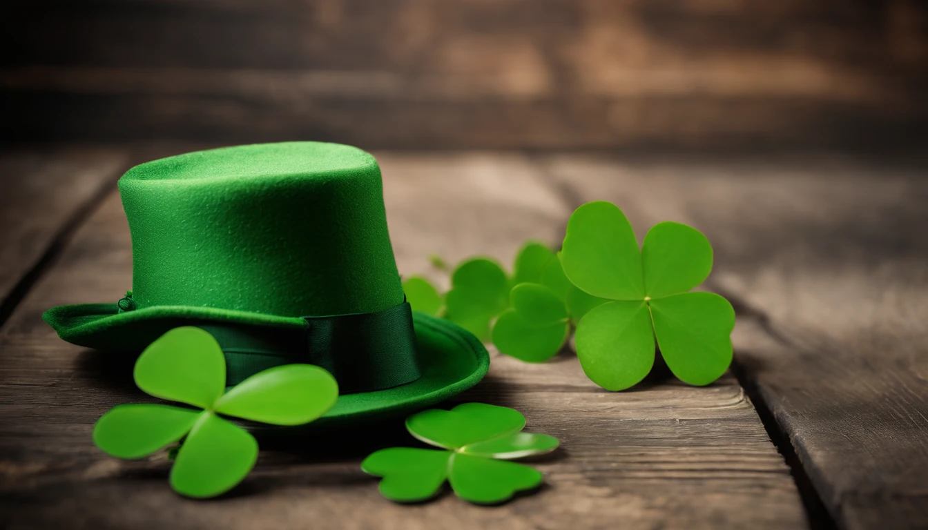 A high-resolution image showcasing a blank St. Patrick’s Day template, with a rustic wooden background, empty spaces for text or graphics, and decorative elements like clovers or Irish flags, providing a warm and inviting setting for personalized designs.