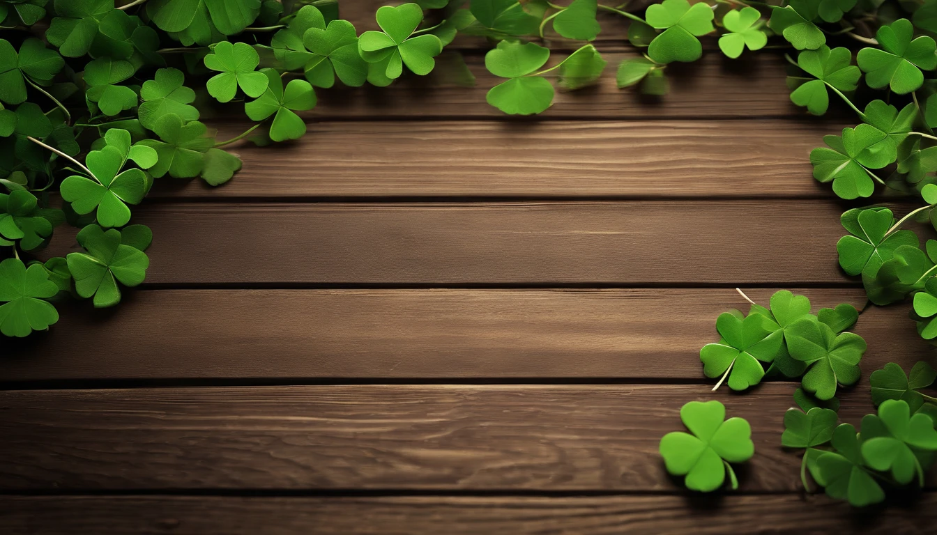 A high-resolution image showcasing a blank St. Patrick’s Day template, with a rustic wooden background, empty spaces for text or graphics, and decorative elements like clovers or Irish flags, providing a warm and inviting setting for personalized designs.