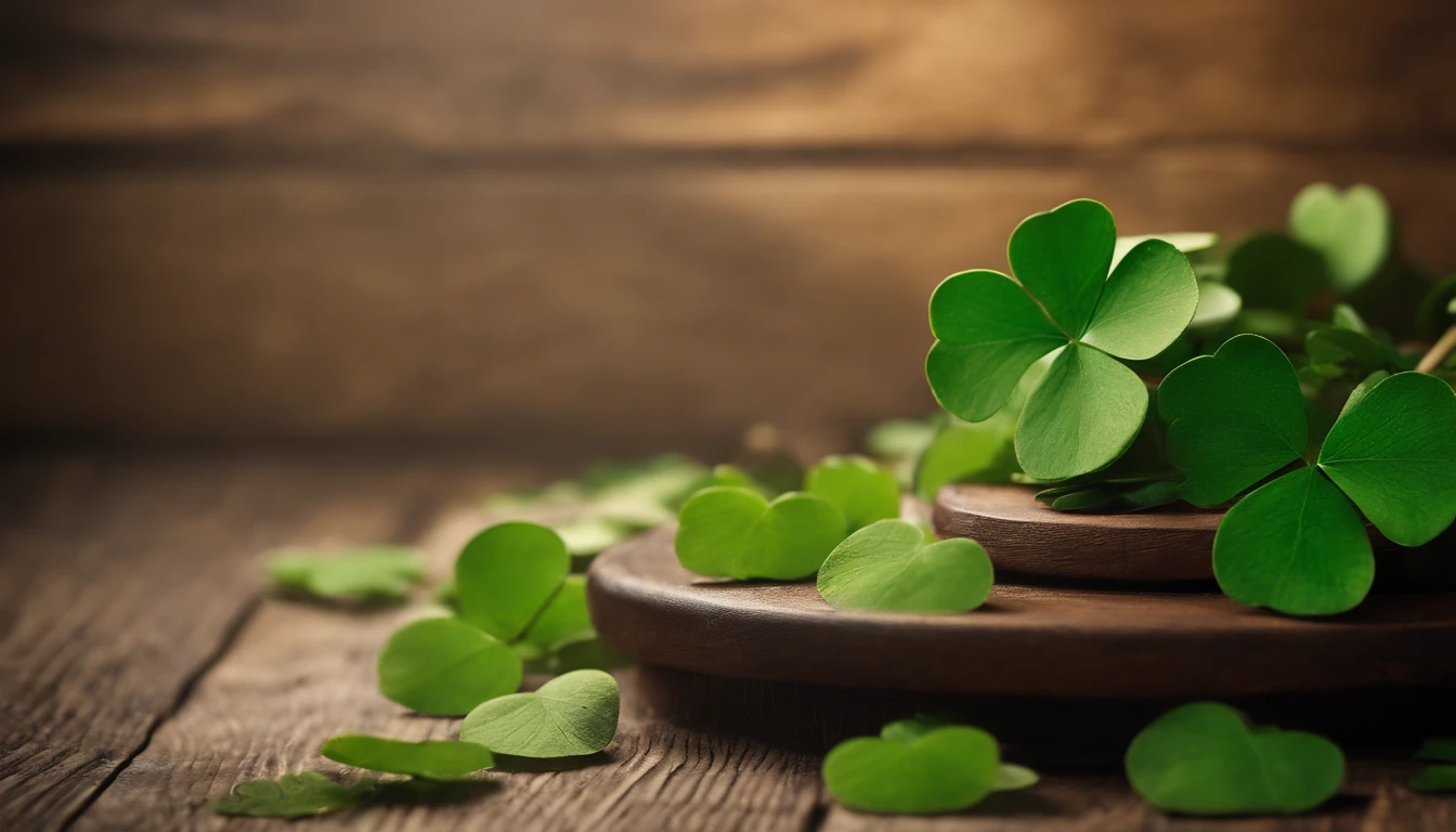 A high-resolution image showcasing a blank St. Patrick’s Day template, with a rustic wooden background, empty spaces for text or graphics, and decorative elements like clovers or Irish flags, providing a warm and inviting setting for personalized designs.