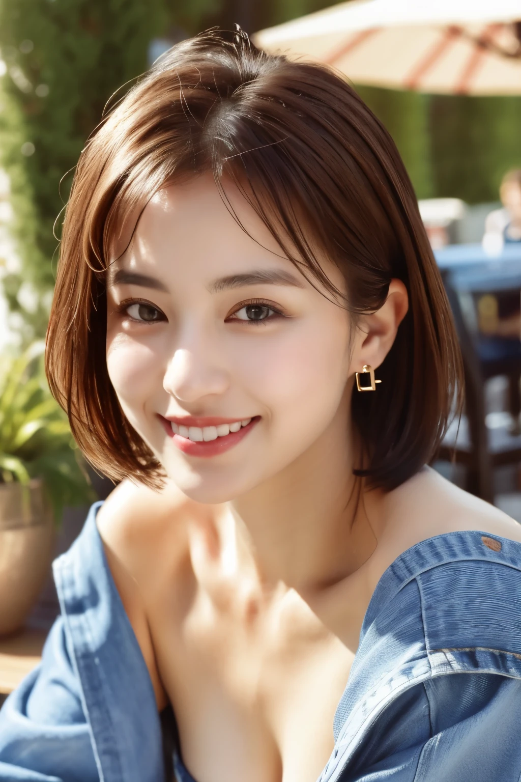 best quality, photorealistic, 4k, highres, perfect lighting, gorgeous, masterpiece, realistic, closeup portrait,
1girl, piercing eyes, wearing an off-shoulder jacket, medium breasts, short hair, looking at viewer, smile, outdoors, in a cafe