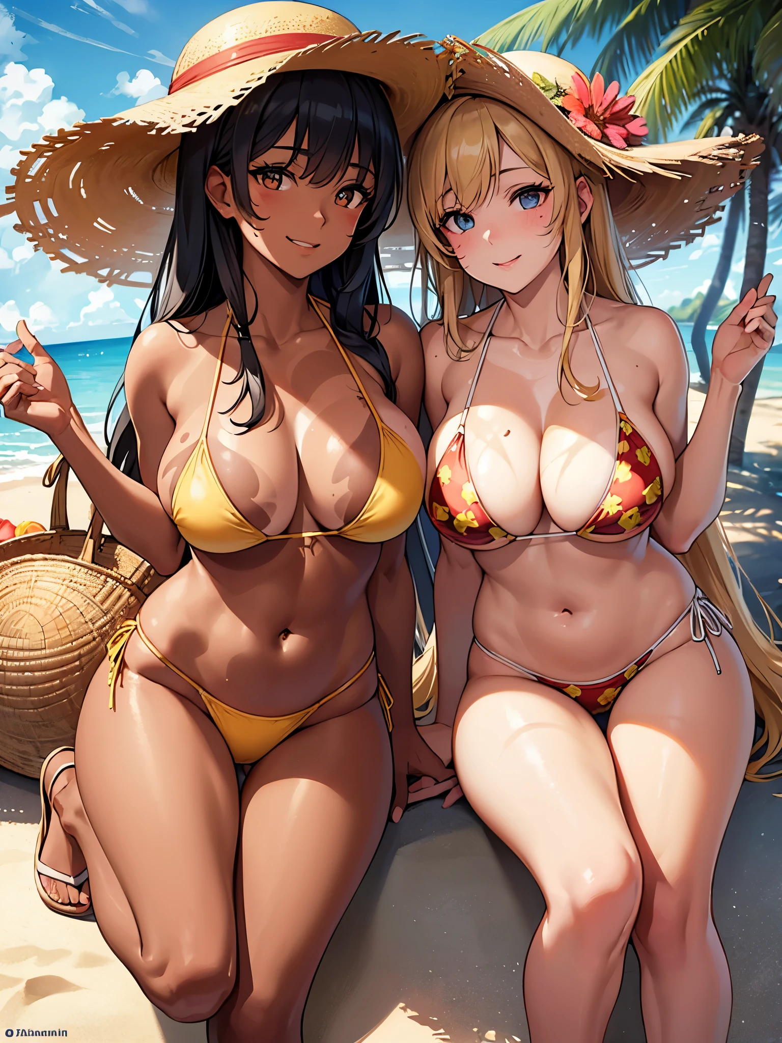 ((highest quality)),(ultra high resolution),(Super detailed),(detailed description),((best CG)),(best work of art),super precision art,great drawing art,(Art with precise details:1.5), (1 woman:1.5),Beautiful face 1.5,Bursting smile:1.6,(Tan marks on bikini:1.5),straw hat:1.4,,big breasts:1.4,thin waist:1.3,stylish sandals:1.4 Midsummer Beach:1.5,Sunlight pouring down:1.5,