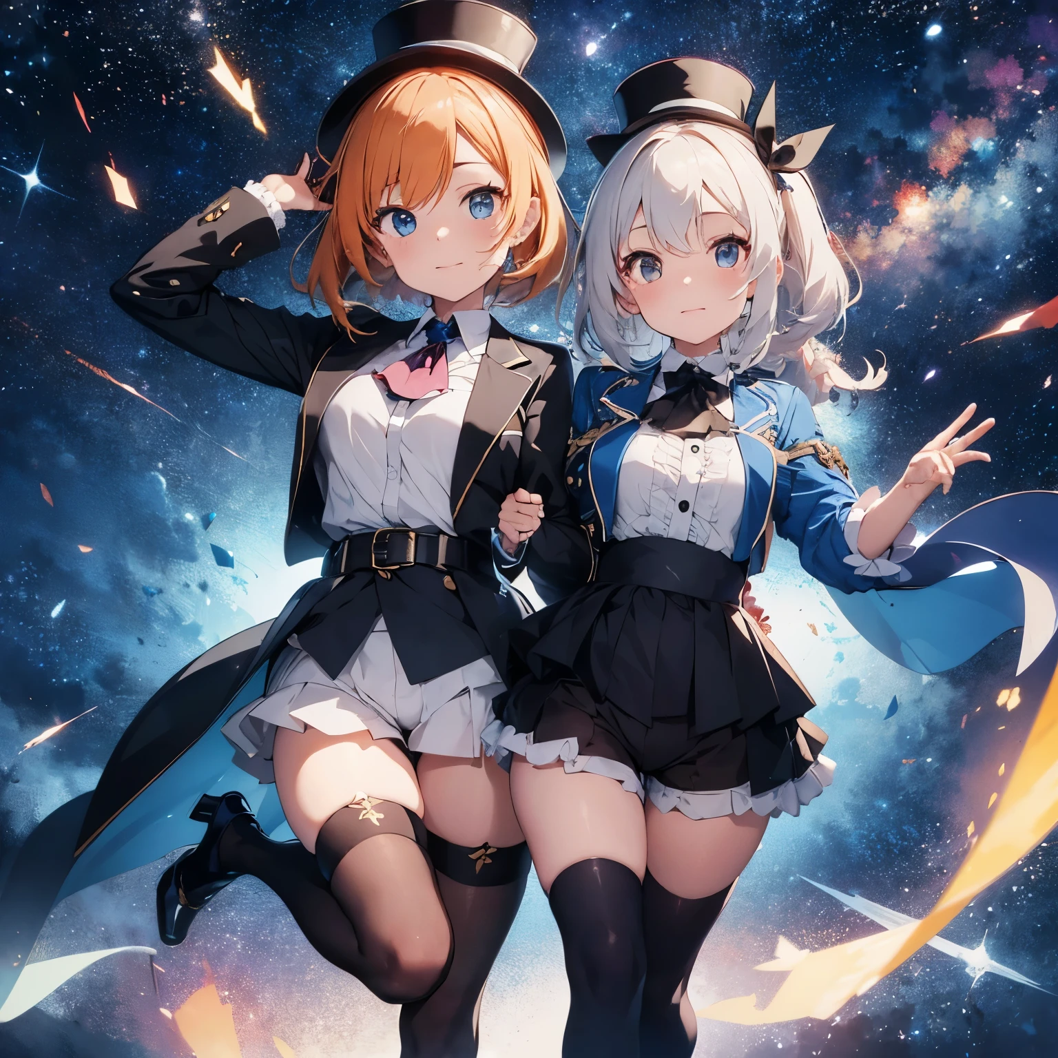 furina \(genshin impact\), heterochromia, mismatched gloves, top hat, blue jacket, ascot, waist bow, short shorts, thigh strap, high heels, frilled socks, waist cape