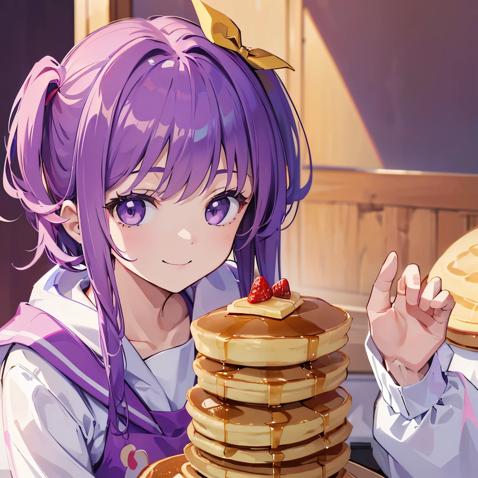 (T Masterpiece,4k wallpaper,best quality))、((girl1people))、(solo)、Brilliant,(purple hair)、(shortcut:1.3)、smile、(Pancake:1.3)