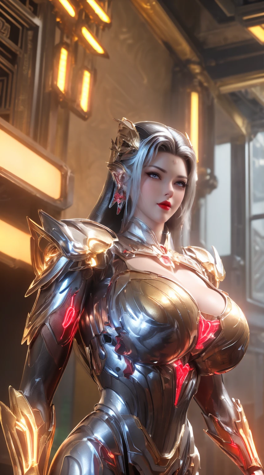 masterpiece, A BUSTY MILF, PORTRAIT,UPPER BODY,SOLO,(BEAUTY HAIRstyle, MECHA PHOENIX HELM), (MASSIVE FAKE BOOBIES,CLEAVAGE TOP,MUSCLE ABS:1.5), (((NEON LED RED, GOLDEN, SILVER) SHINY ROBOT MECHANICAL SEXY SKIMPY OUTFIT:1.5)),(CURVY VOLUPTUOUS BODY MATURE WOMAN:1.5), (SWEATY GLOSSY BODYSKIN:1.5), (LOOKING AT VIEWER:1.5),(BACKGROUND FUTURISTIC SPACE STATION:1), (PHOTOREALSITIC:1.4), (ULTRA-DETAILLIERT), (TOP-QUALITY), (BEST SHADOWS), BRIGHT LIGHT IN ROOM, HYPER TEXTURE, (4X MSAA), ((UNREAL ENGINE 5 RENDER)), PHYSICALLY-BASED RENDERING, ULTRA HIGHT DEFINITION, 16K, 1080P.