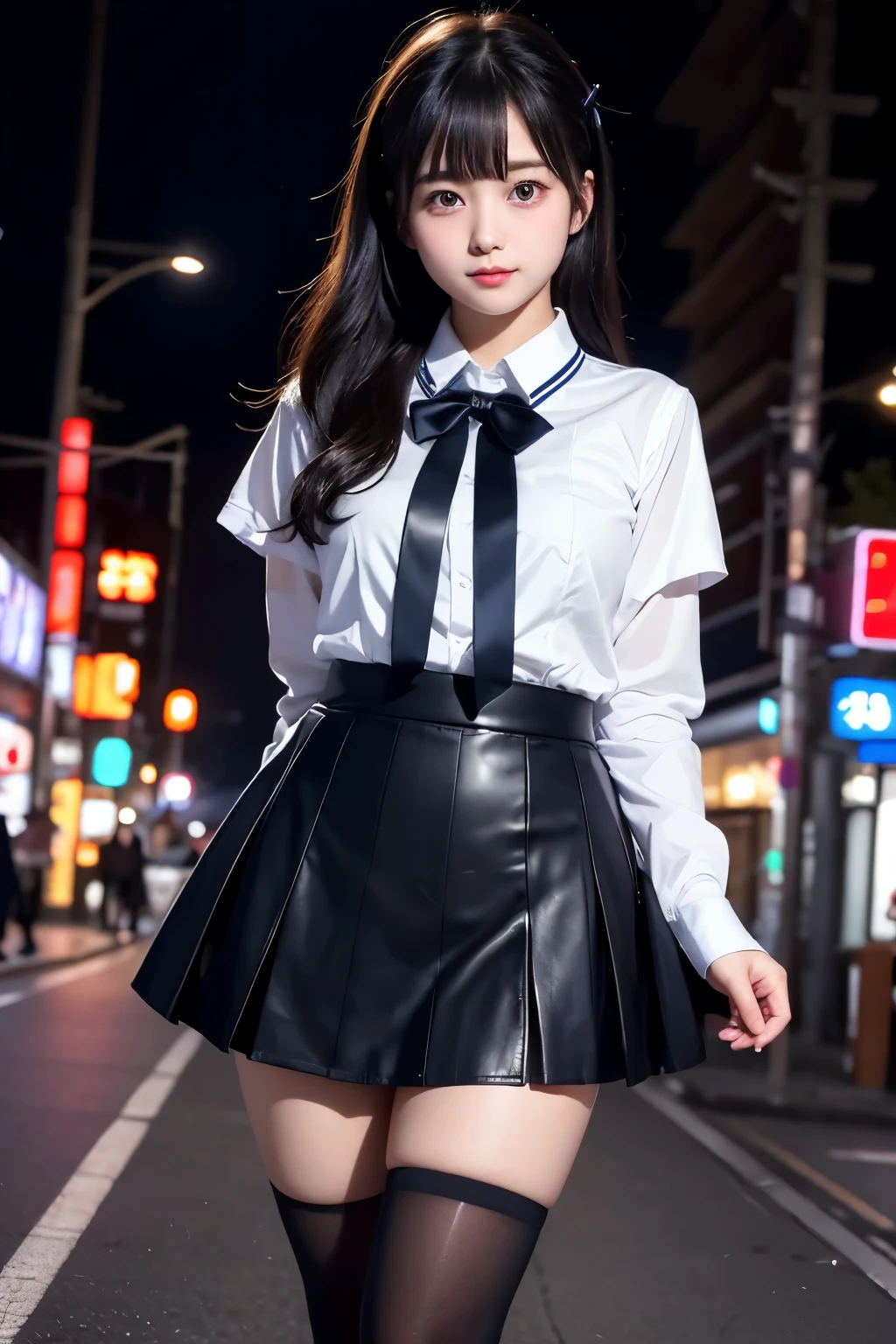 low angle shot、big breasts、Shoes are visible、super treet snap、tall, A baby-faced gal woman wearing a short skirt and bow tie is standing in a neon street at night、high school student、Thin calf、japanese girl、Winter clothes、Wearing Japanese school uniform、Japanese school black uniform、Wearing a surreal high school uniform、girl in uniform、Wearing a dark blue uniform、Full body Esbian、nice skin、glowing skin、nice thighs、(micro hining thighs、Plump thighs、She wears black tights that show her skin、leather shoes、Japanese high school 、Nogizaka Idol、inviting eyes