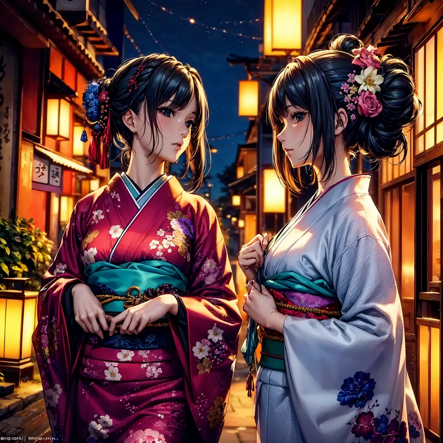 (top quality picture、masterpiece level、very high res、超A high resolution,High quality detailing)、(A 24-year-old beautiful girl with perfect and ultimate beauty..,beautiful breasts and figure,Beautiful body,美丽的面容,Strong-willed eyes:1.5)、(There are many variations of hairstyles,Bangs are neatly arranged,long straight hair on the side,Beautiful hair:1.2),lifelike textures,Beautiful colors,(She is wearing a Japanese kimono with beautiful colors.,Richly colored kimono,Wear a Japanese kimono with beautiful colors and patterns,Wear a Japanese kimono with beautiful colors and patterns,Japanese decoration,Japanese hair,shoulders are exposed,I can see the cleavage, I can see the thighs.:1.2),Have a bright smile,line of sight,Mouth opens,The wind is blowing(The wind blows and the sleeves and obi of the kimono flap.,Hair flutters under the influence of the wind:1.2),Beautiful Japan garden,fantastic night sky and moon,Lanterns are lit,nighttime scene,Beautiful Landscapes,(The whole body,accurate anatomy、extremely detailed picture、Accurate images、Perfect Image 1.5)、beautiful anime woman, Beautiful Art Style, an animated character、(The whole picture、Detailed picture、Defect-free images、natural soft light、beautiful image),(Best Shot 1.2)