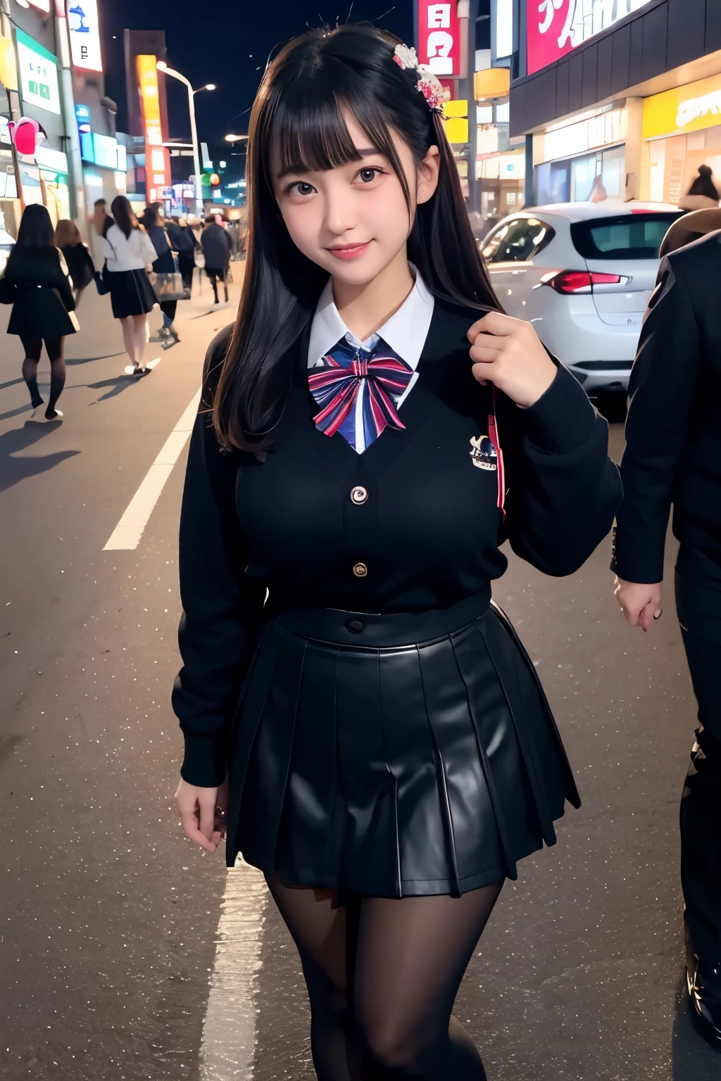 low angle shot、big breasts、Shoes are visible、super treet snap、tall, A -face woman wearing a short skirt and bow tie is standing in a neon street at night、high school student、Thin calf、japanese girl、Winter clothes、Wearing Japanese school uniform、Japanese school black uniform、Wearing a surreal high school uniform、girl in uniform、Wearing a dark blue uniform、Full body Esbian、nice skin、glowing skin、nice thighs、(micro hining thighs、Plump thighs、She wears black tights that show her skin、leather shoes、Japanese high school 、Nogizaka Idol、inviting eyes