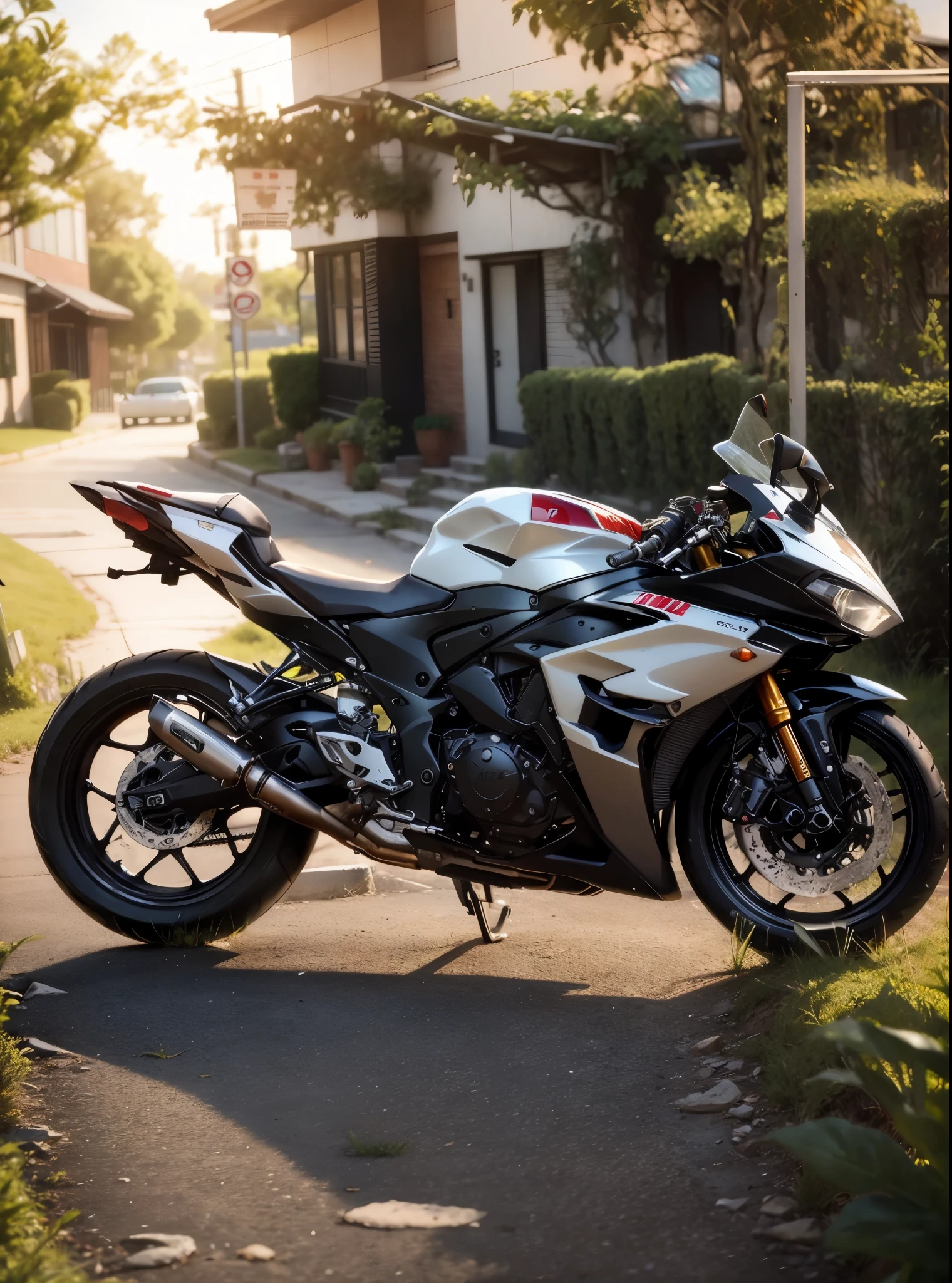 arafed motorcycle parked in a grassy area near a building, yoshimura exhaust, front side full, white red, front profile!!!!, r6, kawasaki, black & white, clean line, cr3, front side, f 3 2, f32, black white, glossy white armor, motorcycle, wide body, kawaai, translucent sss