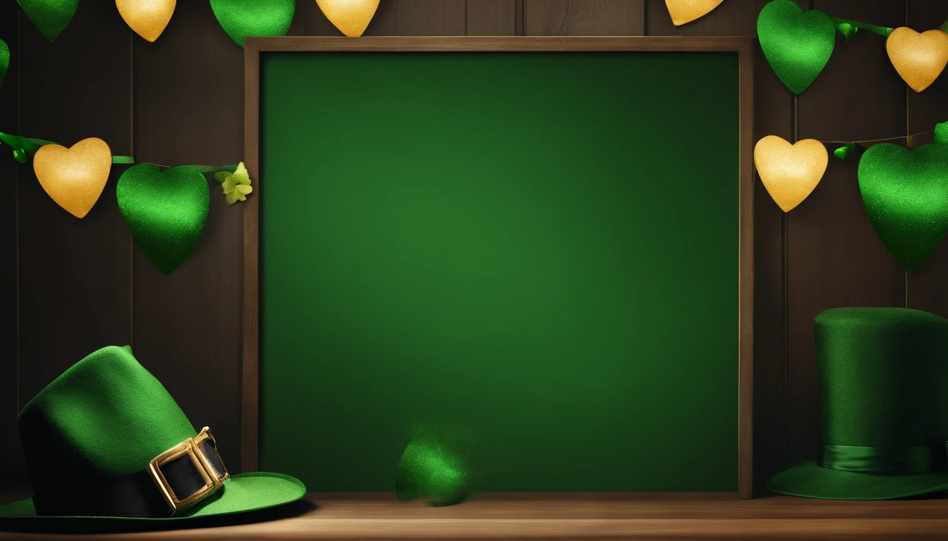 A detailed and realistic image capturing a blank St. Patrick’s Day banner mockup, with a green fabric background, empty space for text or graphics, and decorative elements such as leprechaun hats or shamrocks, ready to be customized for specific celebrations.