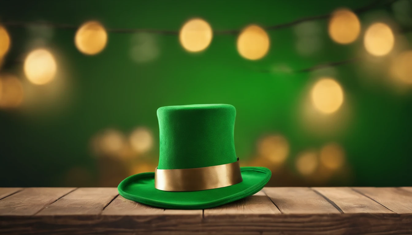 A detailed and realistic image capturing a blank St. Patrick’s Day banner mockup, with a green fabric background, empty space for text or graphics, and decorative elements such as leprechaun hats or shamrocks, ready to be customized for specific celebrations.