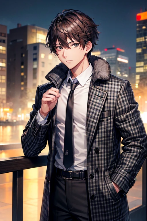 a handsome guy、20代の男性、Winter clothes、Brown-haired shorthair、black eye、Charcoal gray gingham check coat、long sleeve、Downtown at night、High resolution、In 8K、sharp focus、zoom、with the best image quality、highest quality