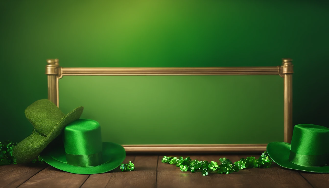A detailed and realistic image capturing a blank St. Patrick’s Day banner mockup, with a green fabric background, empty space for text or graphics, and decorative elements such as leprechaun hats or shamrocks, ready to be customized for specific celebrations.