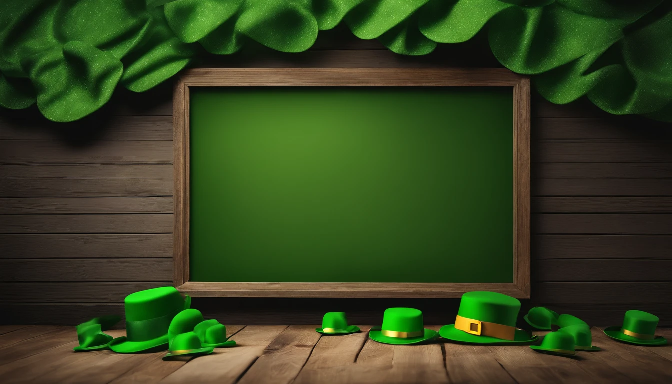 A detailed and realistic image capturing a blank St. Patrick’s Day banner mockup, with a green fabric background, empty space for text or graphics, and decorative elements such as leprechaun hats or shamrocks, ready to be customized for specific celebrations.