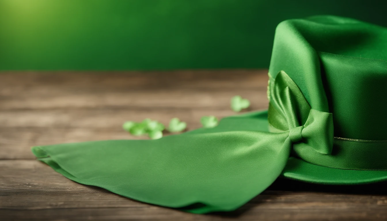 A detailed and realistic image capturing a blank St. Patrick’s Day banner mockup, with a green fabric background, empty space for text or graphics, and decorative elements such as leprechaun hats or shamrocks, ready to be customized for specific celebrations.