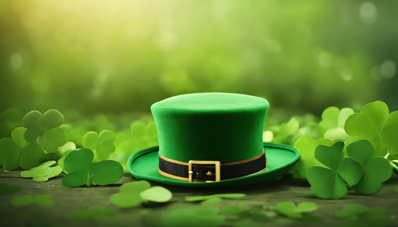 A detailed and realistic image capturing a blank St. Patrick’s Day banner mockup, with a green fabric background, empty space for text or graphics, and decorative elements such as leprechaun hats or shamrocks, ready to be customized for specific celebrations.