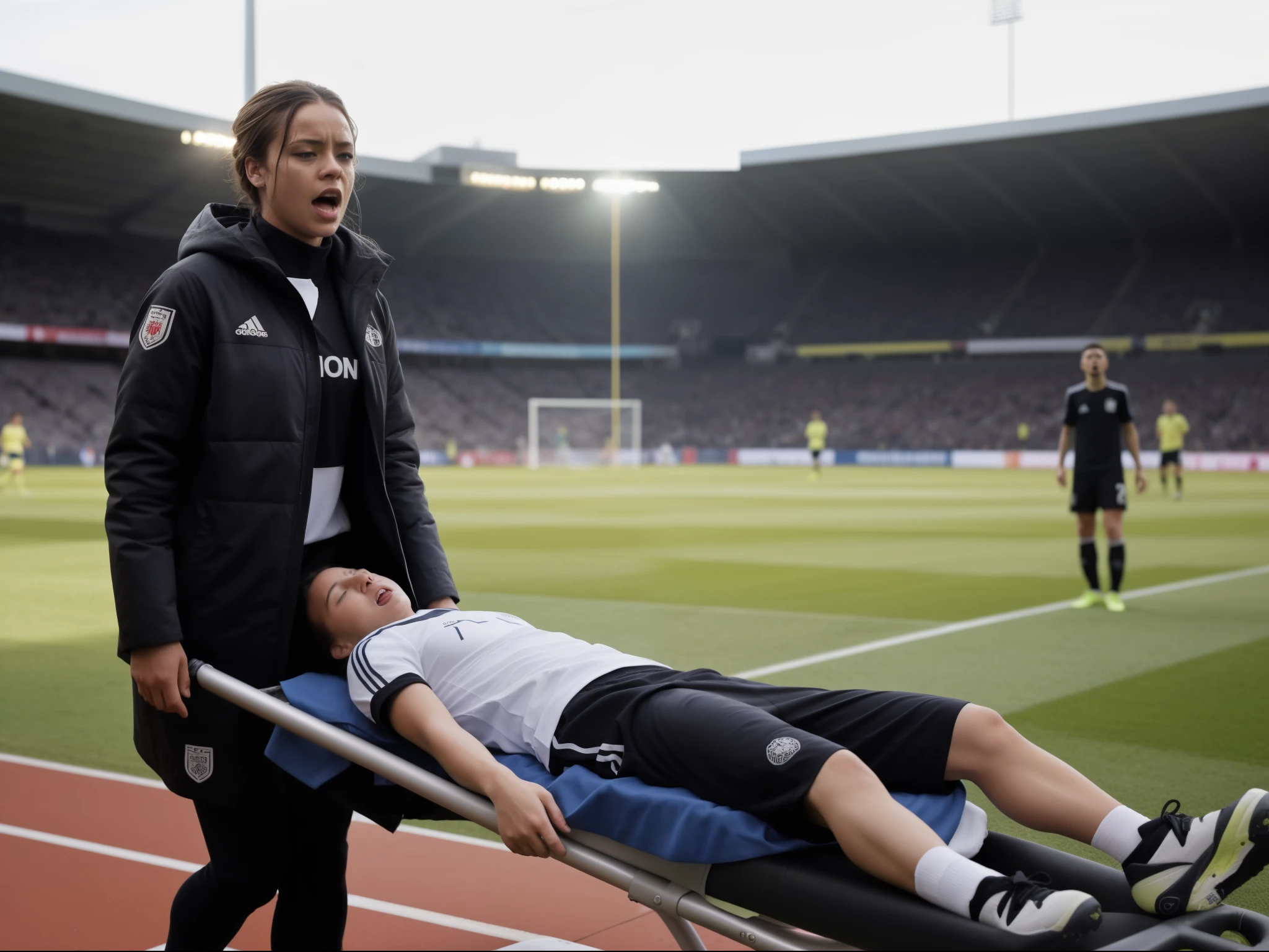 a soccer scene in a sports stadium, cool and wet weather conditions, humide, Rihanna carrying a stretcher, Rihanna in a very shiny coat who are carrying a stretcher in a sports stadium, there is a wounded male soccer player in a matte short cotton sports outfit lying on the stretcher, an injured male soccer player in matte cotton sportswear is lying in pain on a stretcher, a soccer player in matte cotton sports clothes is rearing up in intense pain while lying on a stretcher, dramatic scene, theatralic posing scene, dramatic pity scene, injury soccer, first aid, help, pity, there are four female medics in wetlook high-shine coats who are looking very sad and very terrified and very shocked, the injured soccer player is screaming out in pain while he is carried from the pitch on a stretcher