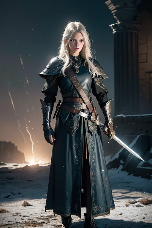 (Numerous award-winning masterpiece, with incredible detail, textures and maximum detail), (hyper realistic:1.4), (full-body standing image:1.8), (upper body up:0.3), best quality real texture skin, (Beautiful round blue eyes and a detailed, beautiful face:1.6), (Veteran guard of a small northern country:1.7), ((medieval world)), (holds the hilt of an elaborately decorated black straight sword that emits a mysterious glow:1.9), dark black leather face mask, (sword that emits a mysterious light that emits a mysterious light wrapped in cold air with delicate decorations:1.9), (Holds a shield with the royal emblem on it:1.3), in the dungeon, (Dark black full body armor with old but delicate decorations:1.4), (The armor is scarred but delicately decorated:1.8), Not wearing a helmet, (full-body standing image:1.8), ((looks up)), ((looking down)), (dramatic pose), beautiful white hair, beautiful silver hair, beautiful blonde hair, fantasy, ((dramatic photo)), ((dynamic photo)), highly detailed, ultra-realistic, intricate details, painting (artwork), ((masterpiece,best quality)), ((cinematic light)), hyper realistic, fearsome, dark fantasy , detailed armor, detailed helmet, epic realistic, faded, ((neutral colors)), art, (hdr:1.5), (muted colors:1.2), hyper detailed, (art station:1.5), cinematic, warm lights, wind effect, light effect, dramatic light, (intricate details:1.1), complex background, (Greg Rutkowski:0.8), (teal and orange:0.4), Swirling flames, Swirling lightning, swirling ice and snow, old castle infested with plants, Ruins of an old castle, ancient castle, Abandoned mine, Deserted ruins, crumbling ruins, Ruins with clear puddles, twilight, sunset, dusk, Battlefield, bio luminescence, complex background,