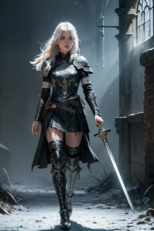 (Numerous award-winning masterpiece, with incredible detail, textures and maximum detail), (hyper realistic:1.4), (full-body standing image:1.8), (upper body up:0.3), best quality real texture skin, (Beautiful round blue eyes and a detailed, beautiful face:1.6), (Veteran guard of a small northern country:1.7), ((medieval world)), (holds the hilt of an elaborately decorated black straight sword that emits a mysterious glow:1.9), dark black leather face mask, (sword that emits a mysterious light that emits a mysterious light wrapped in cold air with delicate decorations:1.9), (Holds a shield with the royal emblem on it:1.3), in the dungeon, (Dark black full body armor with old but delicate decorations:1.4), (The armor is scarred but delicately decorated:1.8), Not wearing a helmet, (full-body standing image:1.8), ((looks up)), ((looking down)), (dramatic pose), beautiful white hair, beautiful silver hair, beautiful blonde hair, fantasy, ((dramatic photo)), ((dynamic photo)), highly detailed, ultra-realistic, intricate details, painting (artwork), ((masterpiece,best quality)), ((cinematic light)), hyper realistic, fearsome, dark fantasy , detailed armor, detailed helmet, epic realistic, faded, ((neutral colors)), art, (hdr:1.5), (muted colors:1.2), hyper detailed, (art station:1.5), cinematic, warm lights, wind effect, light effect, dramatic light, (intricate details:1.1), complex background, (Greg Rutkowski:0.8), (teal and orange:0.4), Swirling flames, Swirling lightning, swirling ice and snow, old castle infested with plants, Ruins of an old castle, ancient castle, Abandoned mine, Deserted ruins, crumbling ruins, Ruins with clear puddles, twilight, sunset, dusk, Battlefield, bio luminescence, complex background,