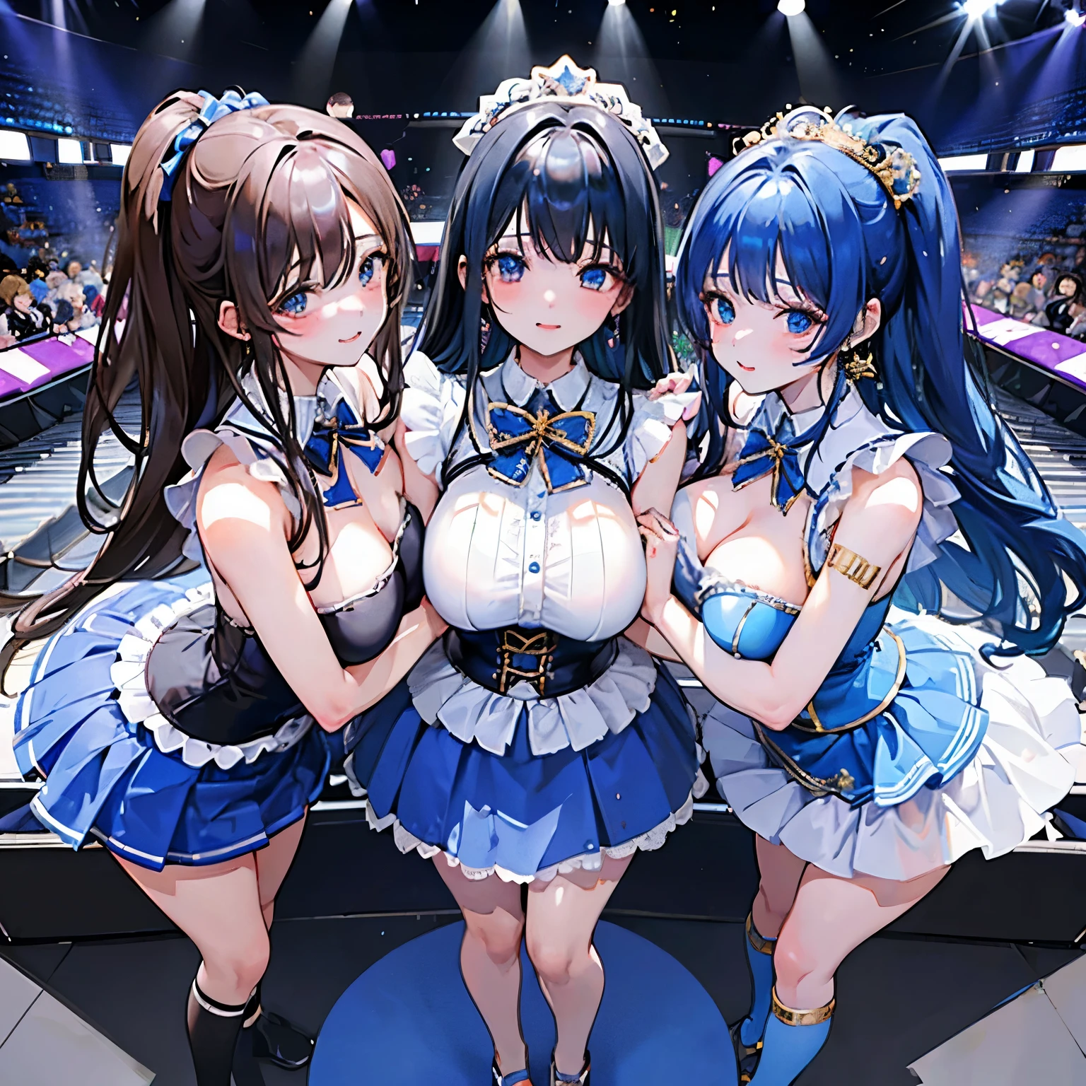 ((best image quality，highest quality，T Masterpiece))、(three girls hugging each other:1.4)、(very big breasts:1.6)、Korean idol types、Beautiful woman、(on stage:1.2)、((standing girl:1.5))、genuine、detailed body、black hair、blue inner hair、((idol costume:1.65))、cleavage、((ruffle skirt:1.4))、(corset)、Upper body、very sweaty、smile、blush、thin waist、choker、earrings、((crowd around:1.65))