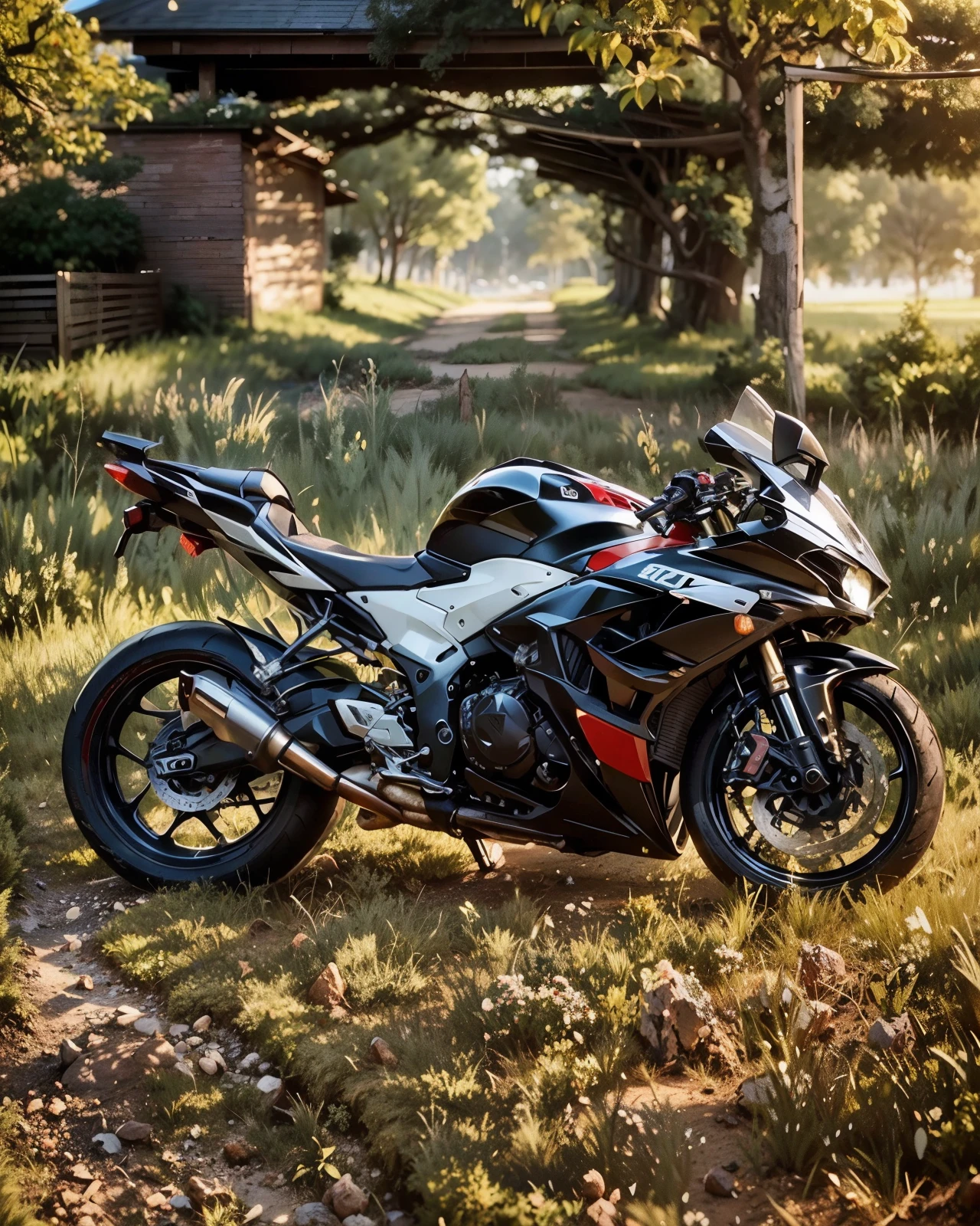 motorcycle parked in the grass near a man in a black shirt, front side full, yoshimura exhaust, r6, white red, front profile!!!!, kawasaki, cr3, black & white, f32, f 3 2, front side, kawaai, black white, clean line, riding, full colored, unreal enging, full pose, motorbike