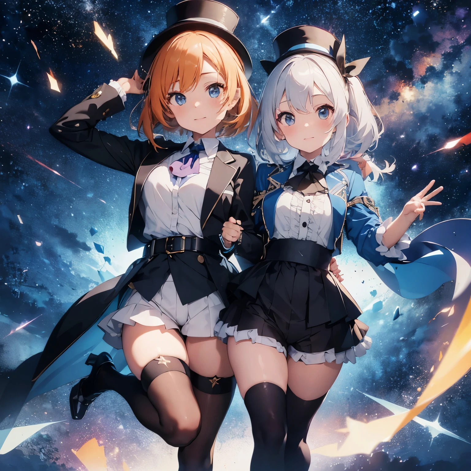 furina (genshin impact), heterochromia, mismatched gloves, blue top hat, blue jacket, ascot, waist bow, short shorts, thigh strap, high heels, frilled socks, waist cape, white hair, 1girl, solo