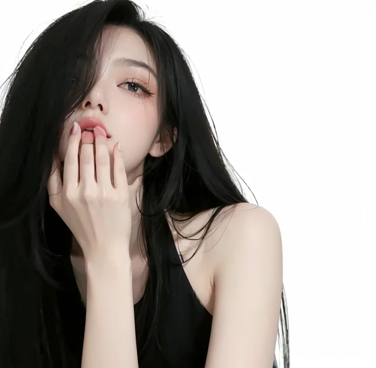 1 girl,solo,long hair,black hair,White background,simple background,looki at viewer,Hair is more than one eye,分开的lips,Upper body,black eyes,lips,bare shoulders,Vest,hand to mouth,sleeveless