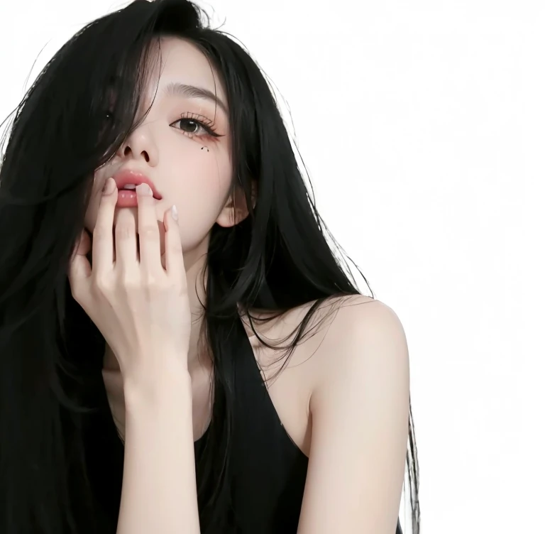 1 girl,solo,long hair,black hair,White background,simple background,looki at viewer,Hair is more than one eye,分开的lips,Upper body,black eyes,lips,bare shoulders,Vest,hand to mouth,sleeveless
