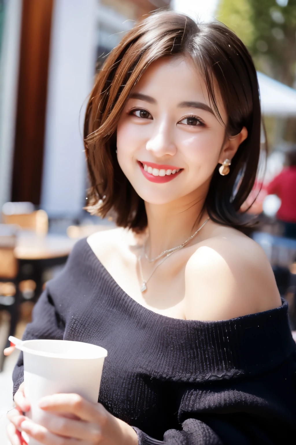 best quality, photorealistic, 4k, highres, perfect lighting, gorgeous, masterpiece, realistic, closeup portrait,
1girl, piercing eyes, wearing an off-shoulder jacket, medium breasts, short hair, looking at viewer, smile, outdoors, in a cafe