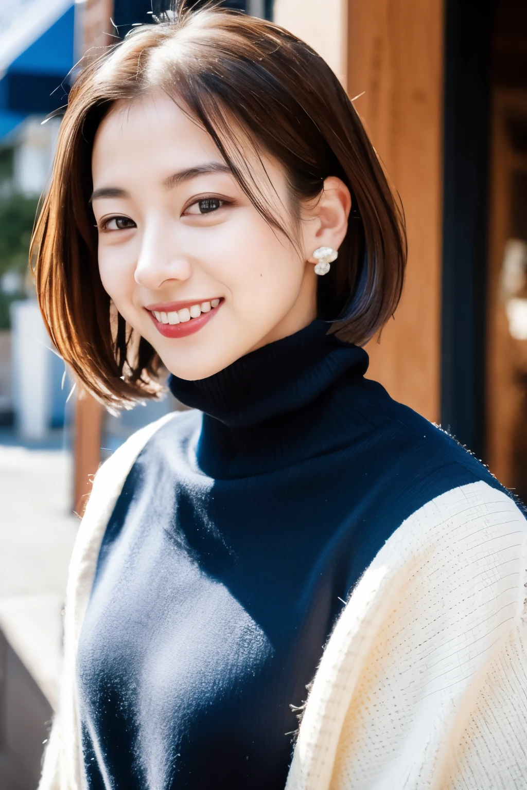 best quality, photorealistic, 4k, highres, perfect lighting, gorgeous, masterpiece, realistic, closeup portrait,
1girl, piercing eyes, wearing an off-shoulder jacket, medium breasts, short hair, looking at viewer, smile, outdoors, in a cafe