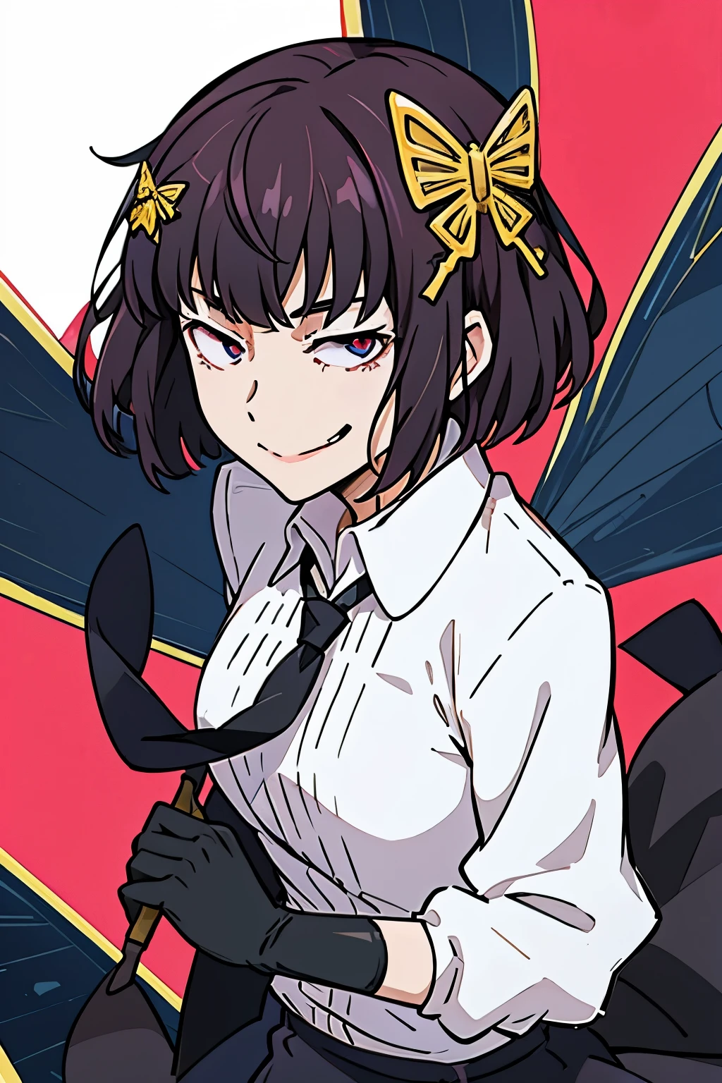 
yosano akiko,butterfly hair ornament,white shirt,black necktie,black gloves,smirk