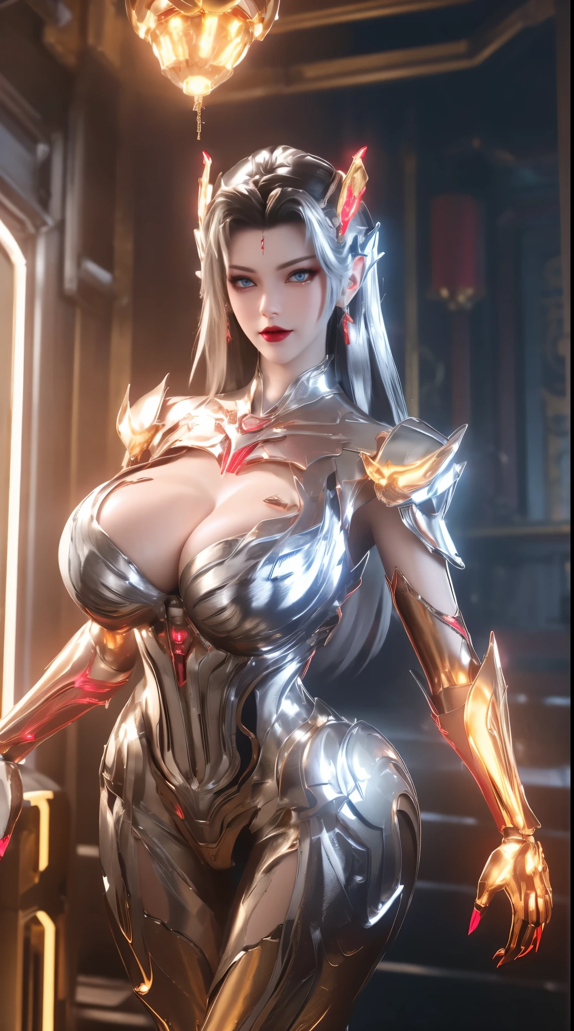 masterpiece, A BUSTY MILF, PORTRAIT,UPPER BODY,SOLO,(BEAUTY HAIRstyle, MECHA PHOENIX HELM), (MASSIVE FAKE BOOBIES,CLEAVAGE TOP,MUSCLE ABS:1.5), (((NEON LED RED, GOLDEN, SILVER) SHINY ROBOT MECHANICAL SEXY SKIMPY OUTFIT:1.5)),(CURVY VOLUPTUOUS BODY MATURE WOMAN:1.5), (SWEATY GLOSSY BODYSKIN:1.5), (LOOKING AT VIEWER:1.5),(BACKGROUND FUTURISTIC SPACE STATION:1), (PHOTOREALSITIC:1.4), (ULTRA-DETAILLIERT), (TOP-QUALITY), (BEST SHADOWS), BRIGHT LIGHT IN ROOM, HYPER TEXTURE, (4X MSAA), ((UNREAL ENGINE 5 RENDER)), PHYSICALLY-BASED RENDERING, ULTRA HIGHT DEFINITION, 16K, 1080P.