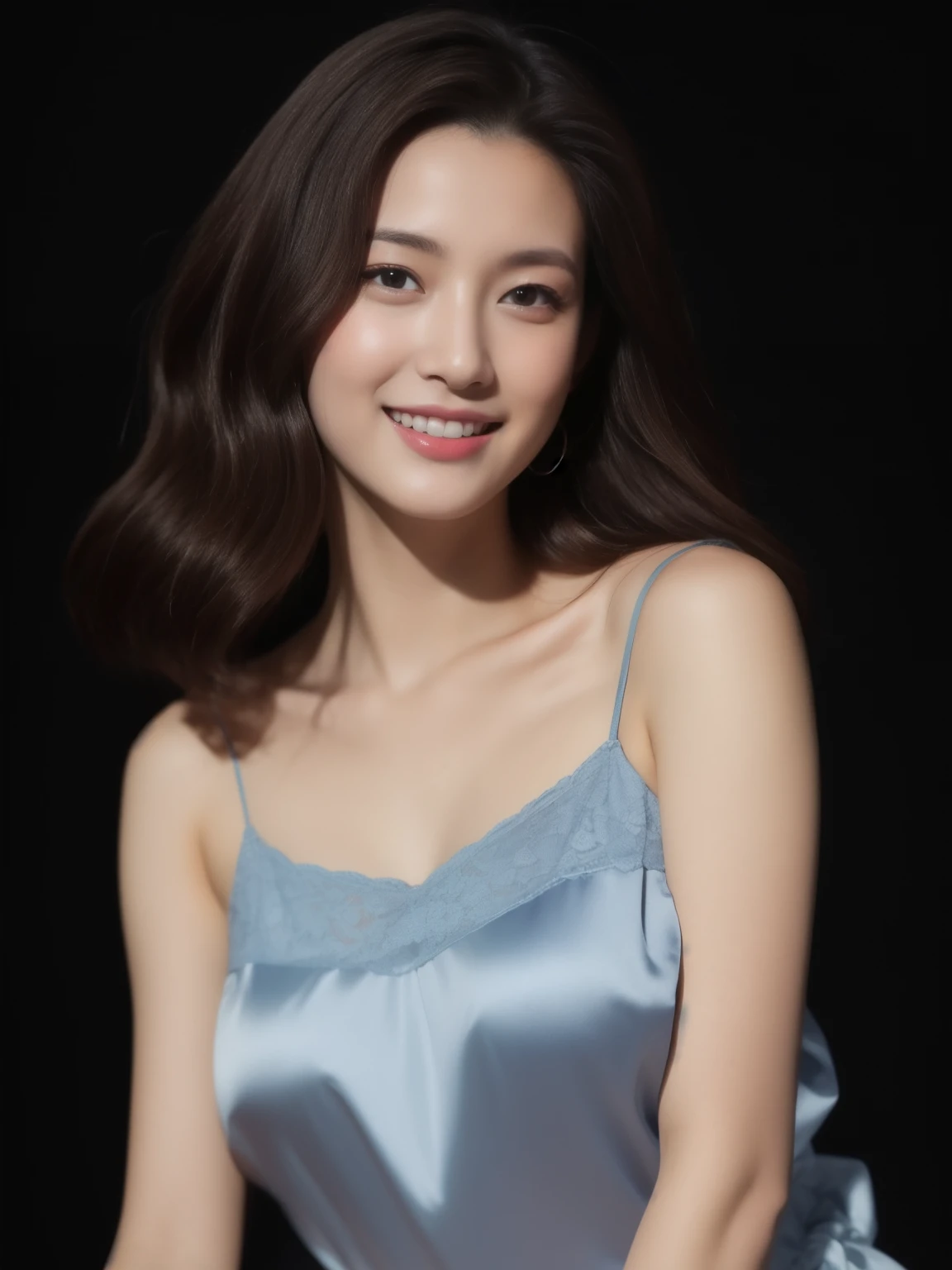 beautiful 31 year old woman。She is wearing a tight camisole of light blue-gray satin fabric。Black lace on chest and hem.。sweet smile。her dark brown hair 、her hair is long and curly。High resolution、masterpiece、highest quality、head w:1.4、((Hasselblad Photos))、fine skin、fine knit、(movie lighting)、clavicle