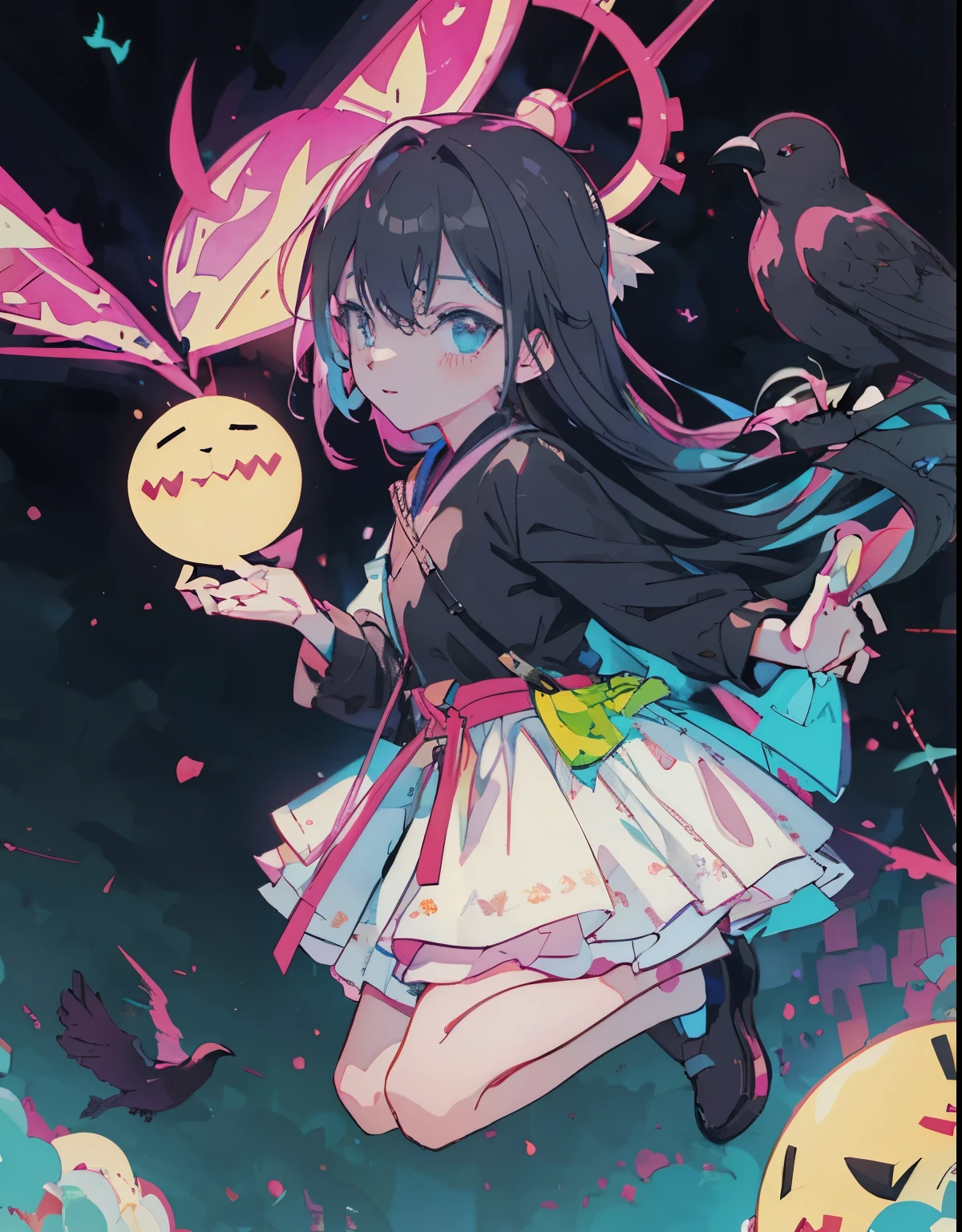 彼女の周りを飛んでいるCrowの黒いシルエット, Cute girl anime visual, one girl, 4k, skirt, Girls' Frontline CG, 4k manga wallpaper, small details.4k anime wallpaper, rorish、black hair、long hair、Crow、whole body、Landscape、dark、空がdark、beautiful eyes