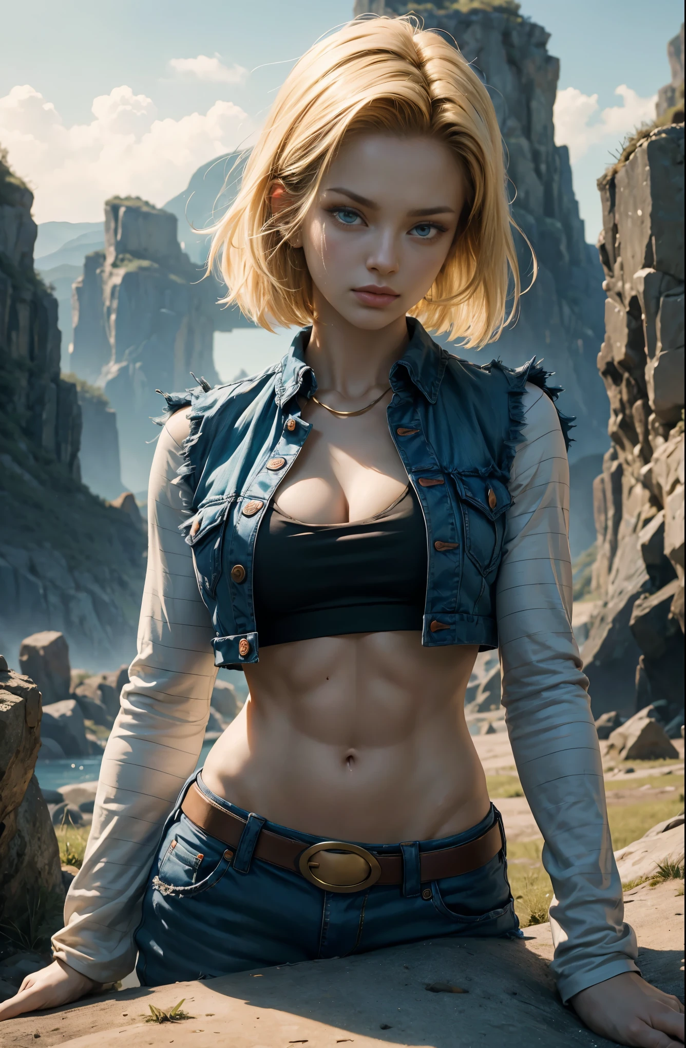 ((最high quality, 8K, masterpiece: 1.3, Ultra HD, high quality, 最high quality, High resolution, realism)), sharp focus: 1.2, Dragon Ball Android 18 lying on the ground in an apocalyptic landscape, Eva Elfie's face, luminism, Rip thin white long sleeves with black striped print。, Jeans vest and tattered unbuttoned jeans, 9 Beautiful women with perfect bodies, photorealistic perfect body, slim body shape, thin abs, Big sexy bump, uneven chest: 1.5, Emphasis on cleavage, Scary face projection, golden yellow hair, Highly detailed face and skin texture, fine eyes, high detail, anatomically correct, portrait photography: 1.5, blurred background, Orange and teal, soft focus details, natural blur,
