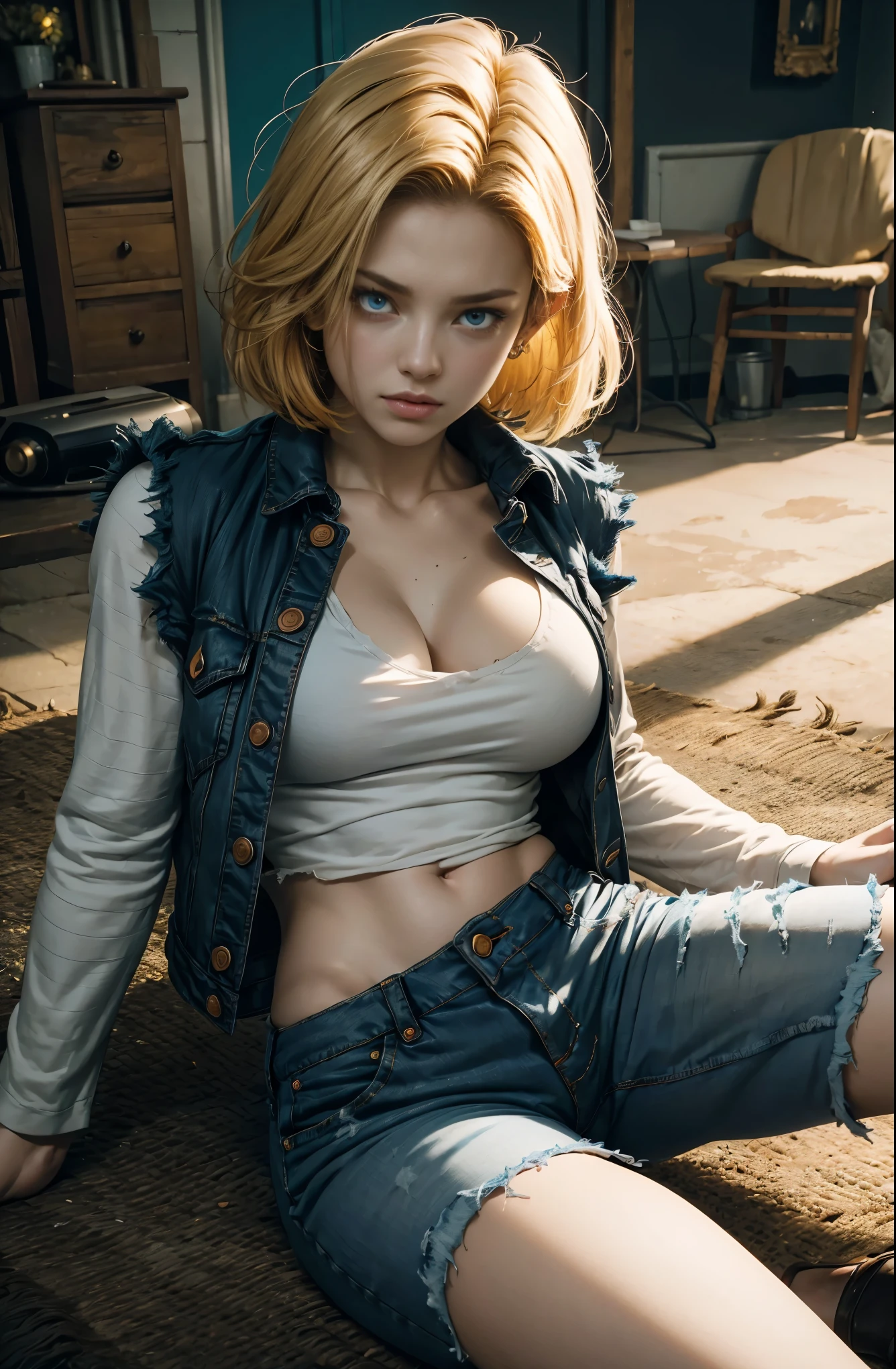 ((最high quality, 8K, masterpiece: 1.3, Ultra HD, high quality, 最high quality, High resolution, realism)), sharp focus: 1.2, Dragon Ball Android 18 lying on the ground in an apocalyptic landscape, Eva Elfie's face, luminism, Rip thin white long sleeves with black striped print。, Jeans vest and tattered unbuttoned jeans, 9 Beautiful women with perfect bodies, photorealistic perfect body, slim body shape, thin abs, Big sexy bump, uneven chest: 1.5, Emphasis on cleavage, Scary face projection, golden yellow hair, Highly detailed face and skin texture, fine eyes, high detail, anatomically correct, portrait photography: 1.5, blurred background, Orange and teal, soft focus details, natural blur,