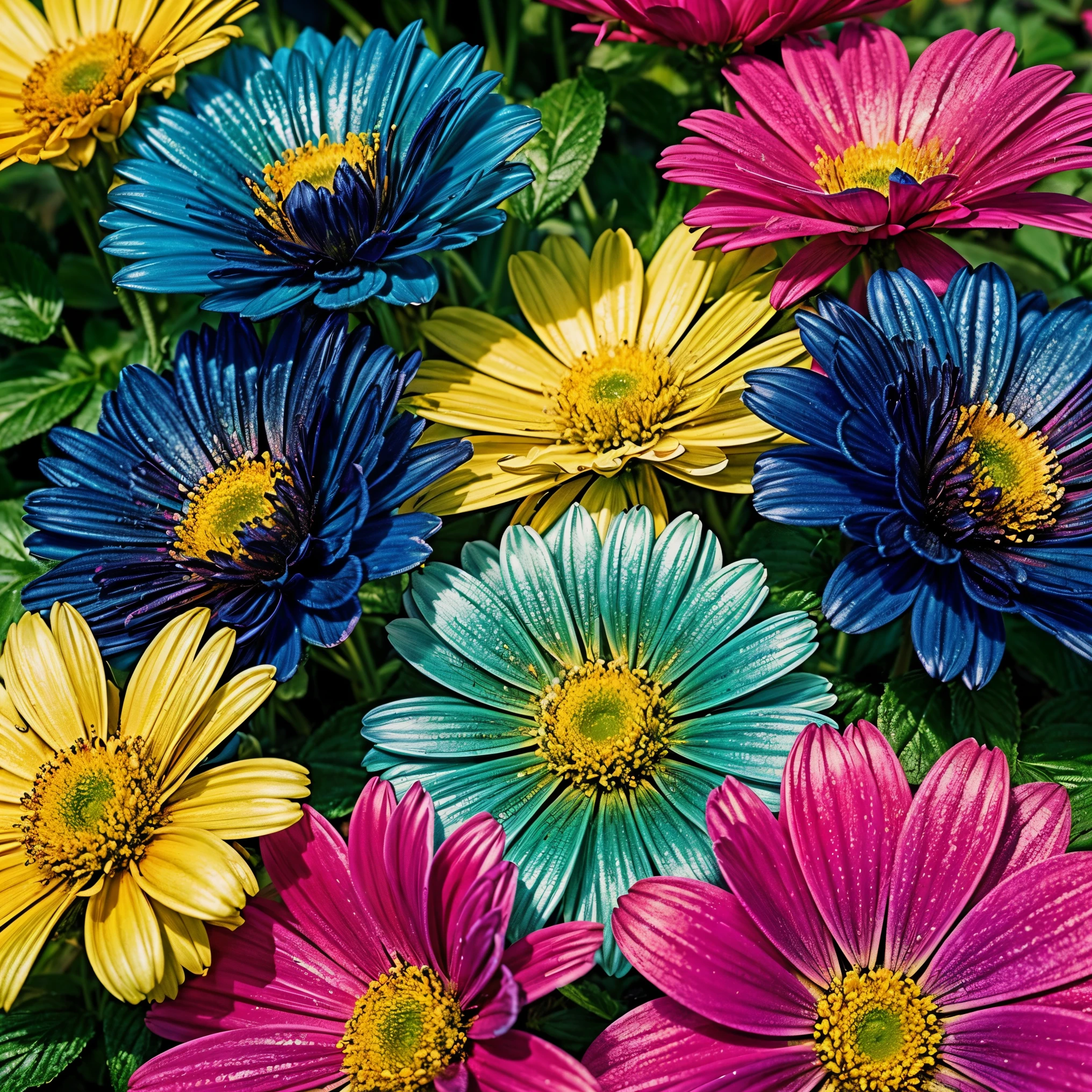 Create a flat, colorful image featuring a variety of flowers in vibrant, attractive colors. The image should be cheerful and full of energy, with clearly defined, detailed flowers of various sizes and shapes. The flowers should be evenly distributed, creating a repeatable pattern, perfect for printing on apparel such as t-shirts or dresses. The color palette should be broad, including reds, blues, yellows, greens, and other vivid colors to make the image eye-catching. The style of the image should be modern and trendy, suitable for use in POD (Print on Demand) printing.