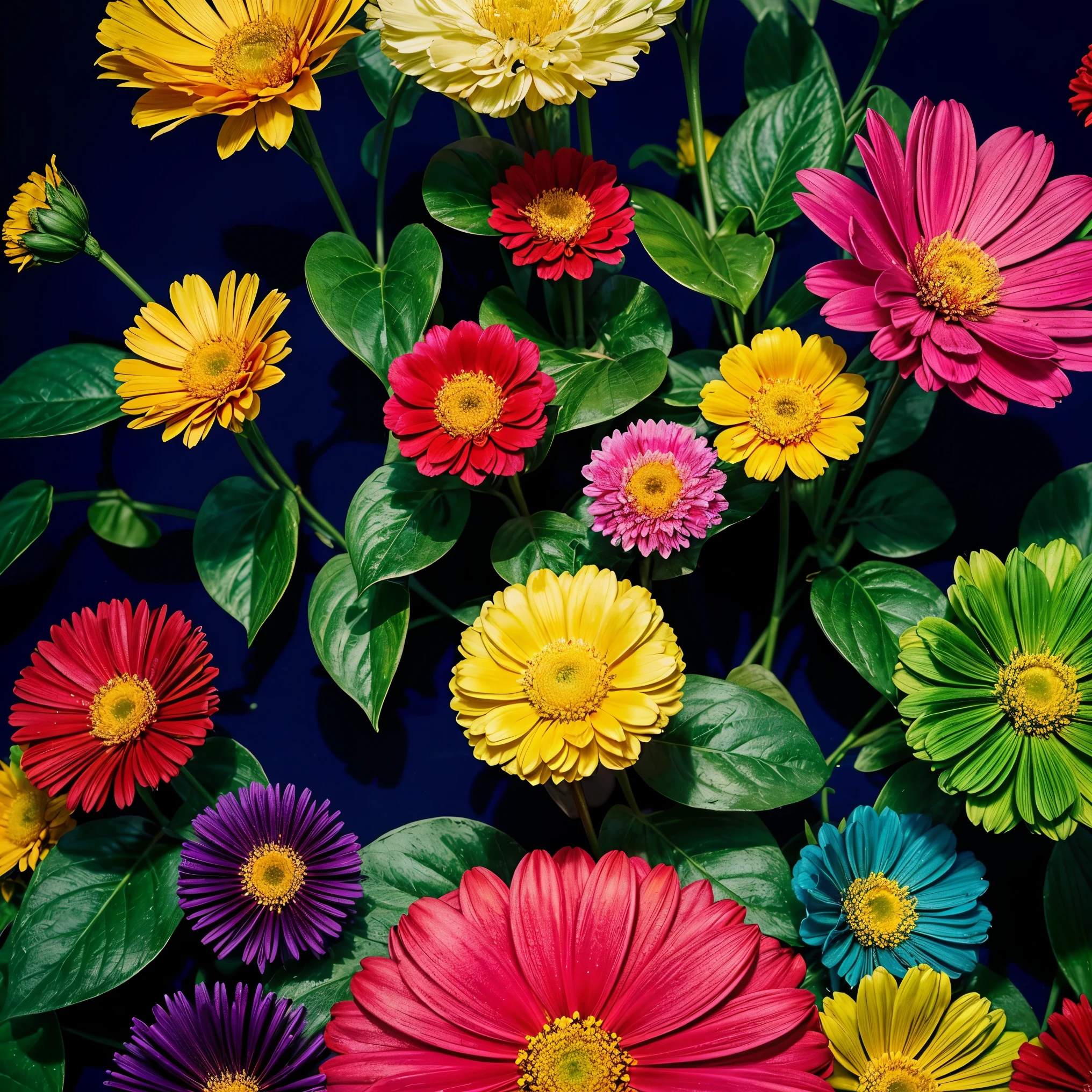 Create a flat, colorful image featuring a variety of flowers in vibrant, attractive colors. The image should be cheerful and full of energy, with clearly defined, detailed flowers of various sizes and shapes. The flowers should be evenly distributed, creating a repeatable pattern, perfect for printing on apparel such as t-shirts or dresses. The color palette should be broad, including reds, blues, yellows, greens, and other vivid colors to make the image eye-catching. The style of the image should be modern and trendy, suitable for use in POD (Print on Demand) printing.