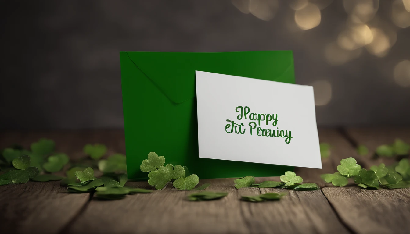 A high-resolution image showcasing a blank St. Patrick’s Day greeting card mockup, with a green background adorned with clovers, providing ample space for personalized messages or artwork, allowing for creativity and customization.