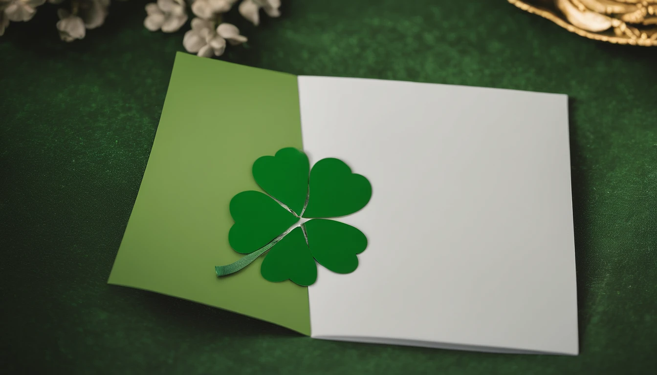 A high-resolution image showcasing a blank St. Patrick’s Day greeting card mockup, with a green background adorned with clovers, providing ample space for personalized messages or artwork, allowing for creativity and customization.