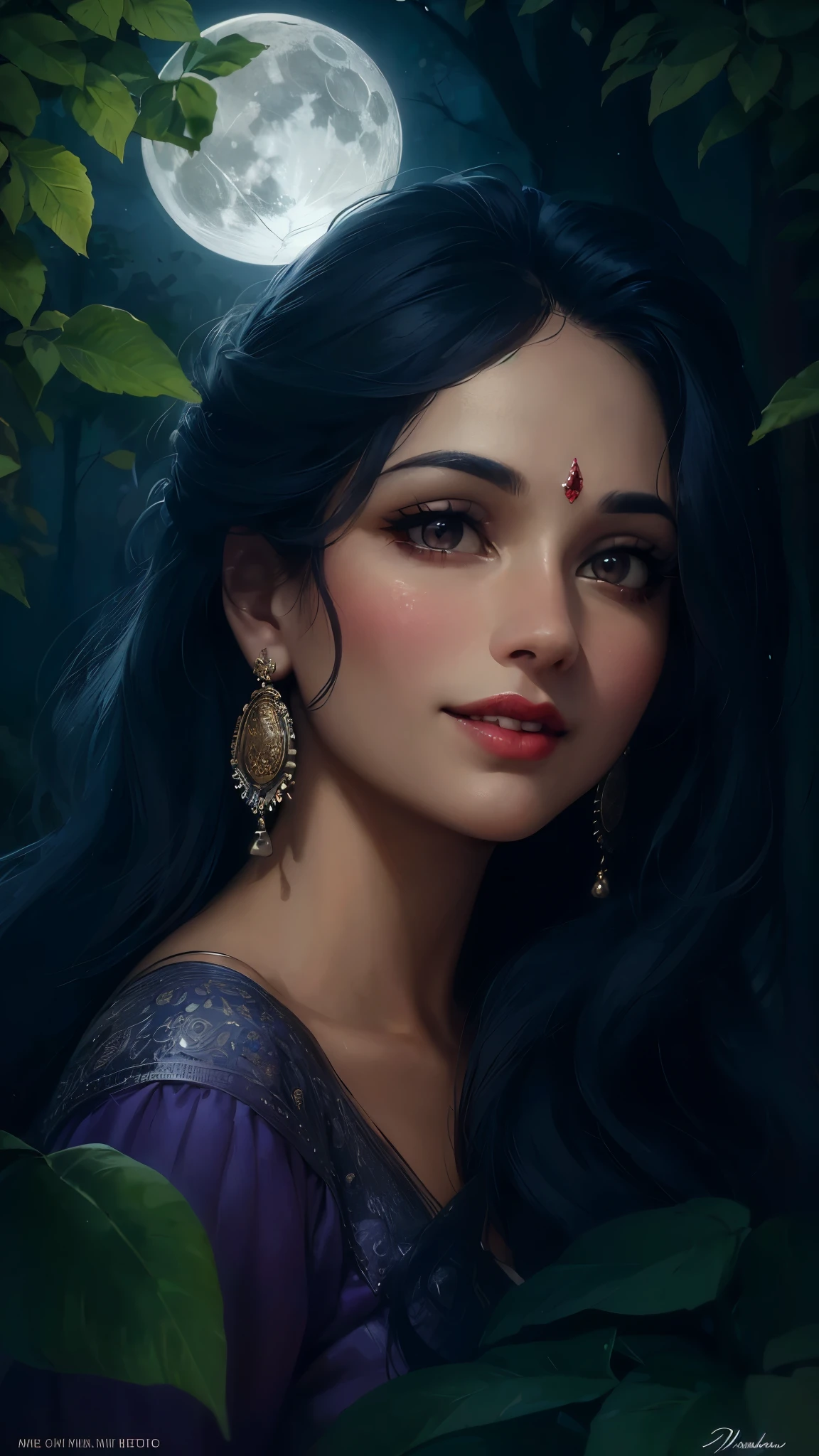 high quality, 8K Ultra HD, paintings with a Victoria Frances-like atmosphere, (holding Deepak), Detailed illustration of a fantastic beautiful woman, (beautiful face), (mature woman), perfect face, perfect eyes, perfect nose, perfect lips, paintings with a mysterious touch, outdoor background, (dark forest background), (night), full moon, awesome full color, smile, (red lips), blush on face, (blush), ((silver eyes)), ((silver hair)), (((wearing a black and white saree))), ((red bindi between the eyebrows)), cinematic blue tone, cinematic colour grading