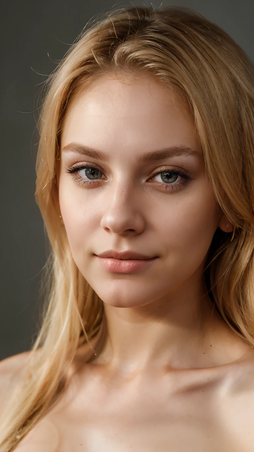 close up portrait of a gorgeos charismatic blonde skinny 29 years old russian woman, seductive eyes, slightly smiling, symetric face , looking straight into the camera, , studio lighting.