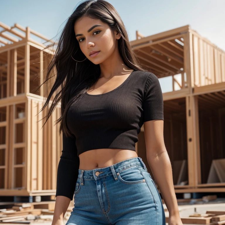 1girl in, 30 years old, Square face, Long hair, Looking at the viewer, jewelry, Reality, Sexy, sexy female construction worker, construction site, free posing
